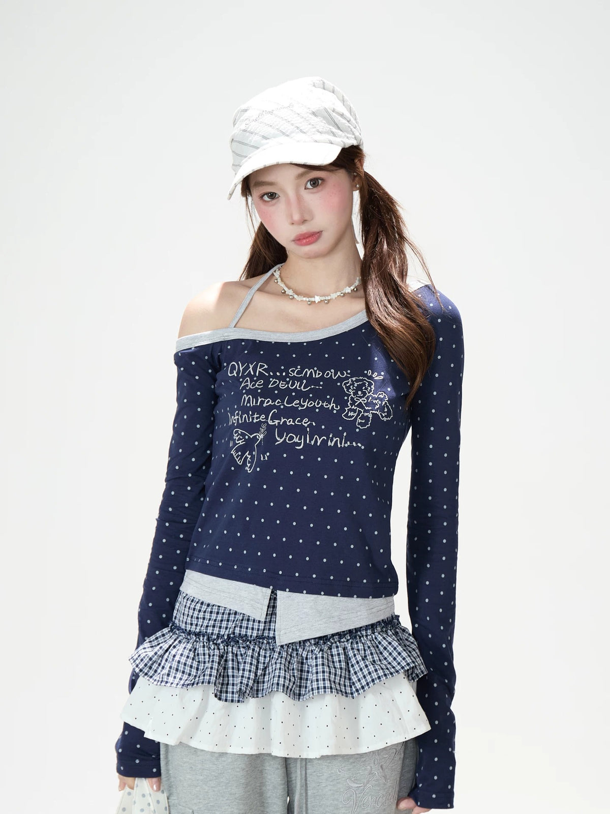 Polka-Dot Halter Off-Shoulder Long Sleeve Top & Wing Lace Wide-Leg Cargo Pants