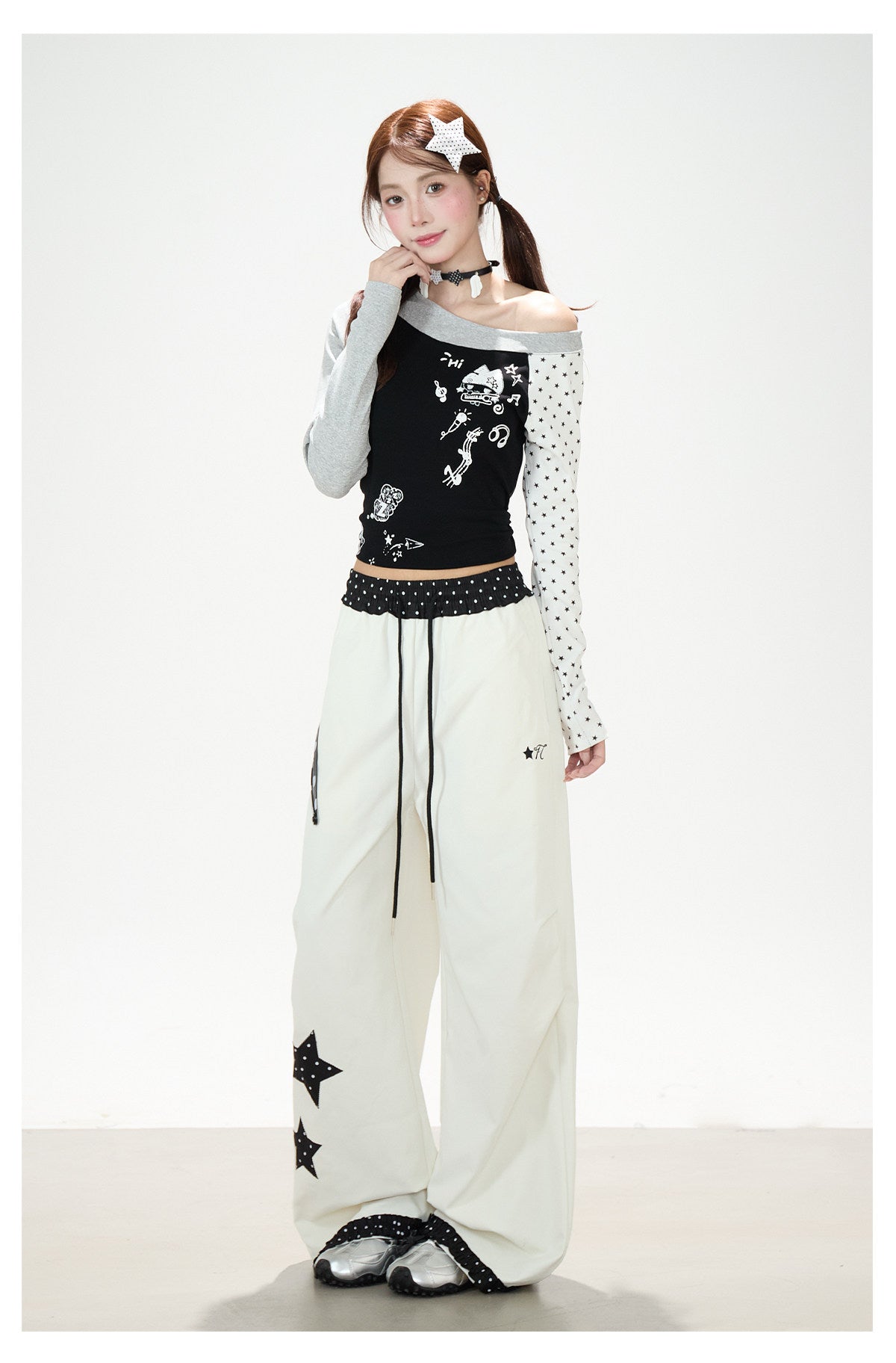 Star Polka-Dot Patchwork Wide-Leg Cargo Pants