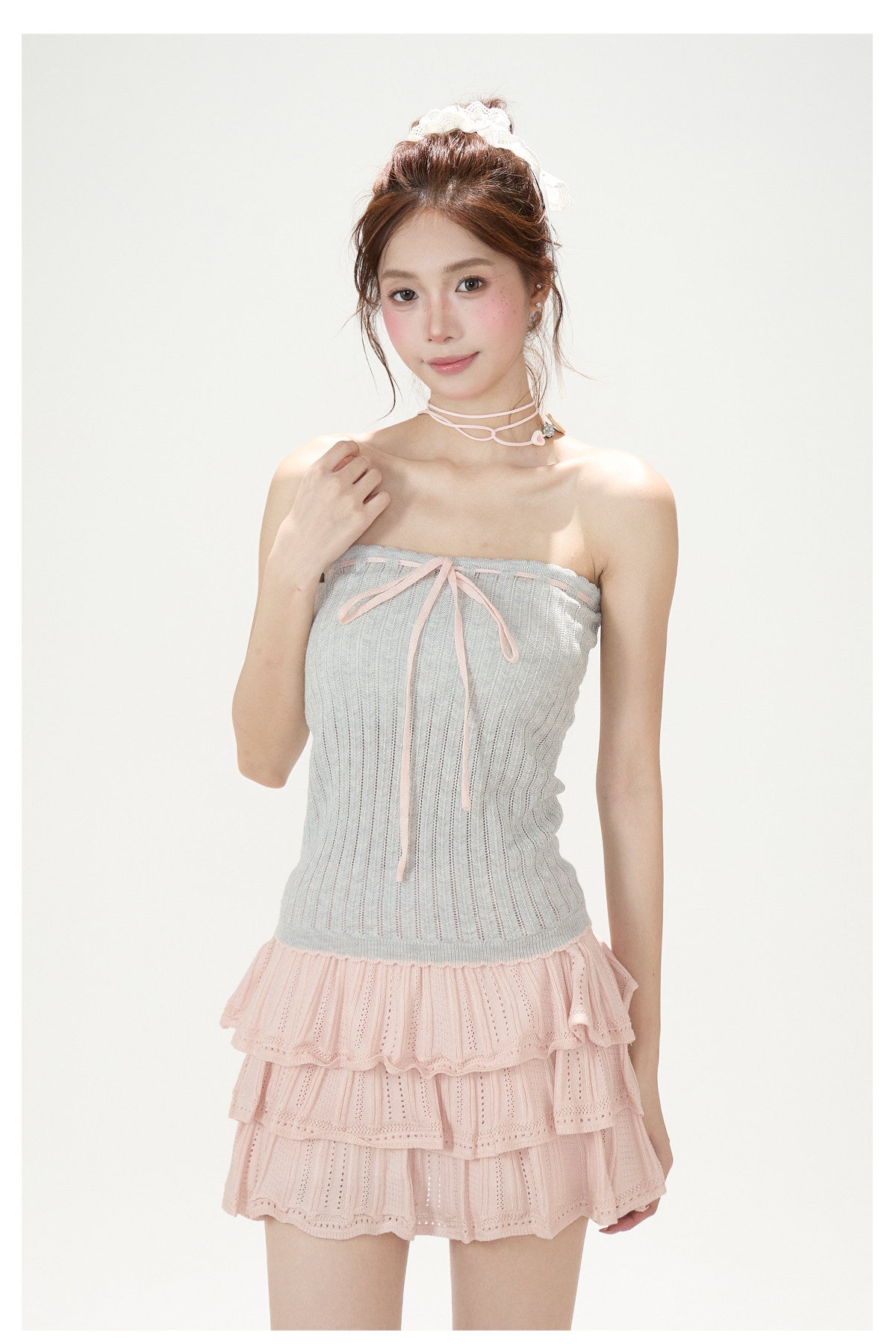 Pointelle Bow Cardigan & Cami Knit Set & Tiered Ruffle Mini Skirt