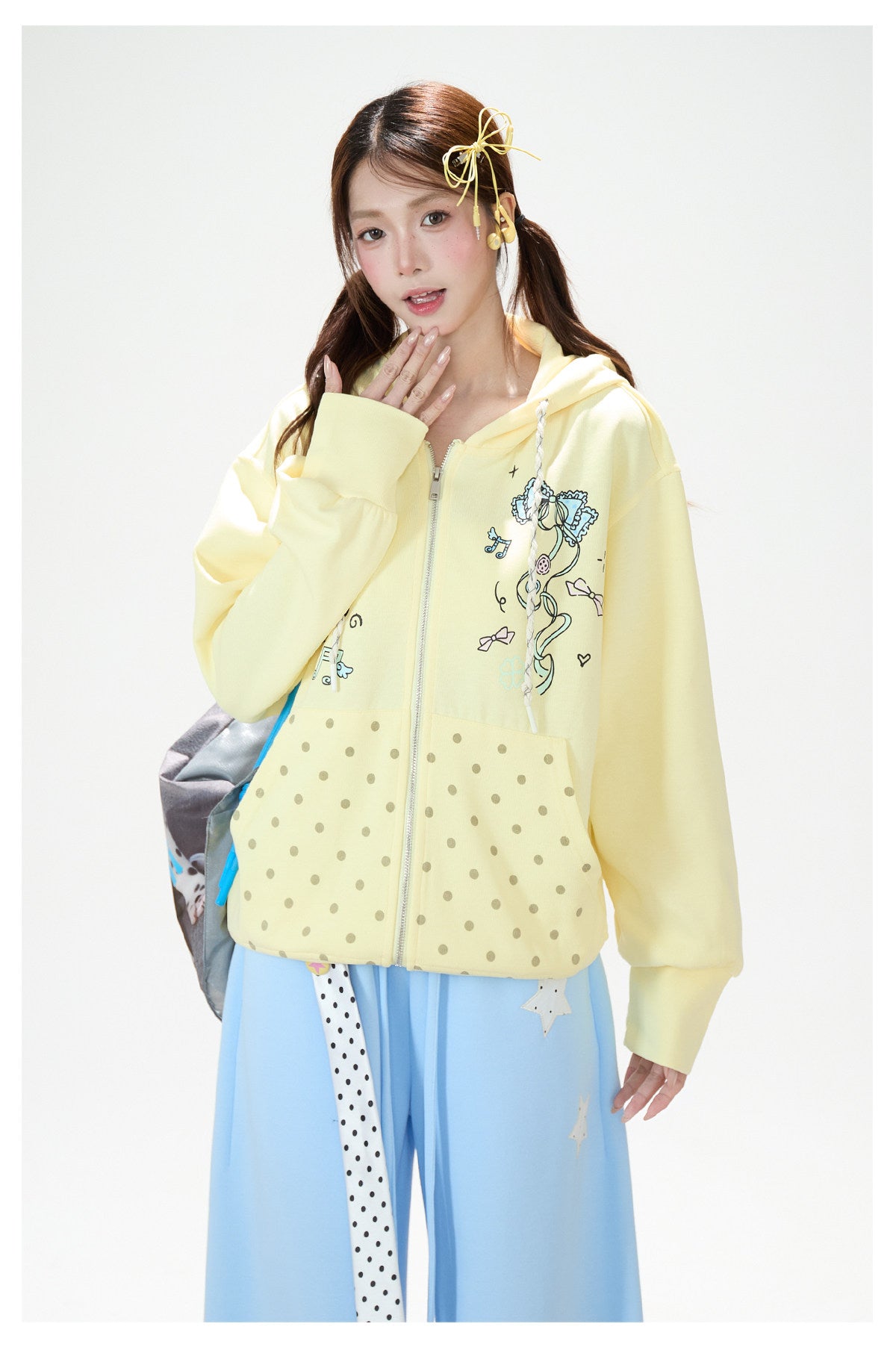 Bow Music Note Polka-Dot Zip-Up Hoodie & Blue Star Wide-Leg Pants