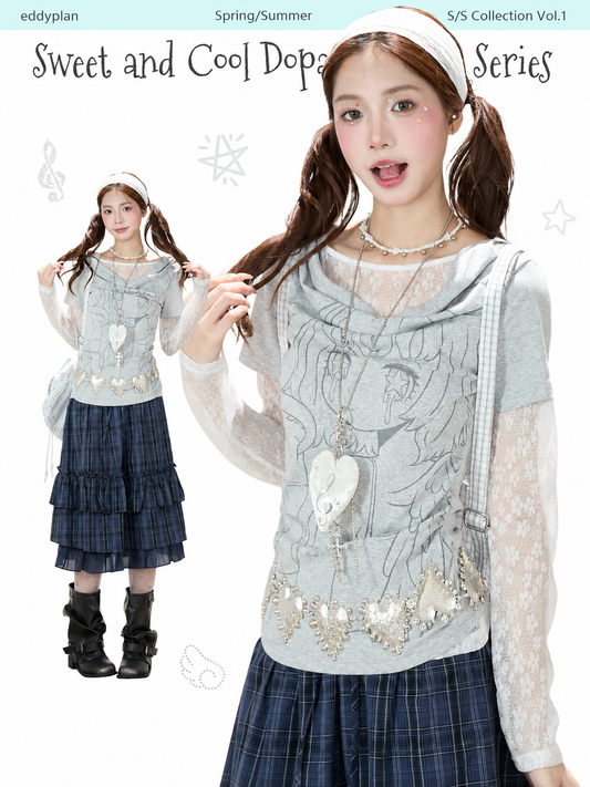 Lace Layered Cowl Neck Graphic Top & Navy Plaid Tiered Midi Skirt