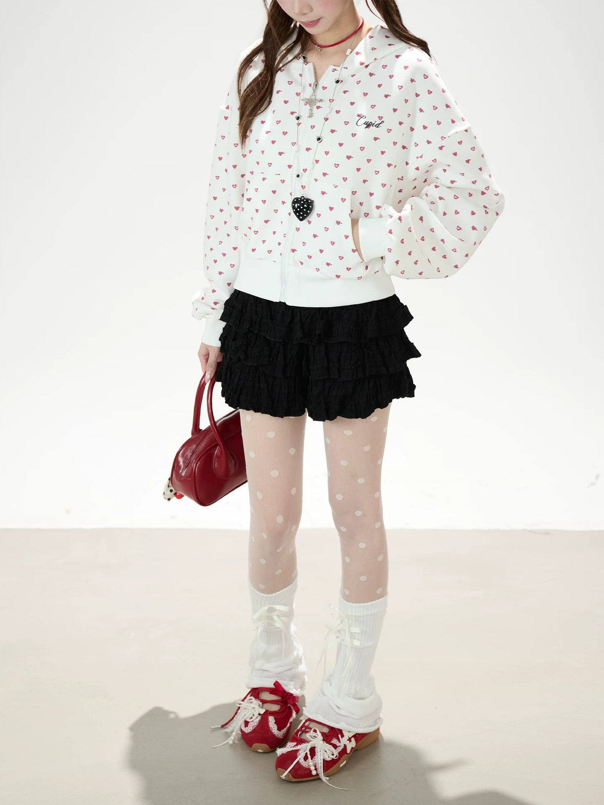Heart Print Zip-Up Hoodie & Black Tiered Ruffle Mini Skirt