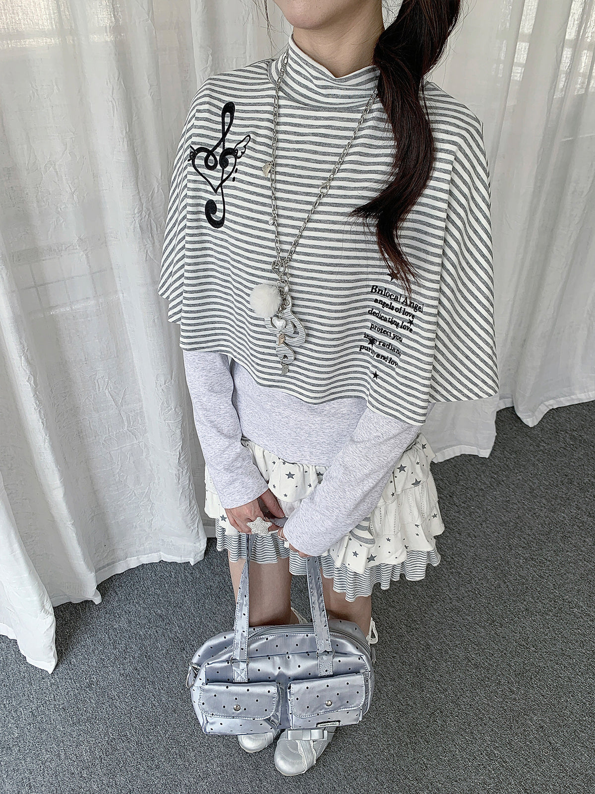 Music Note Striped Cape-Layered Long Sleeve Top