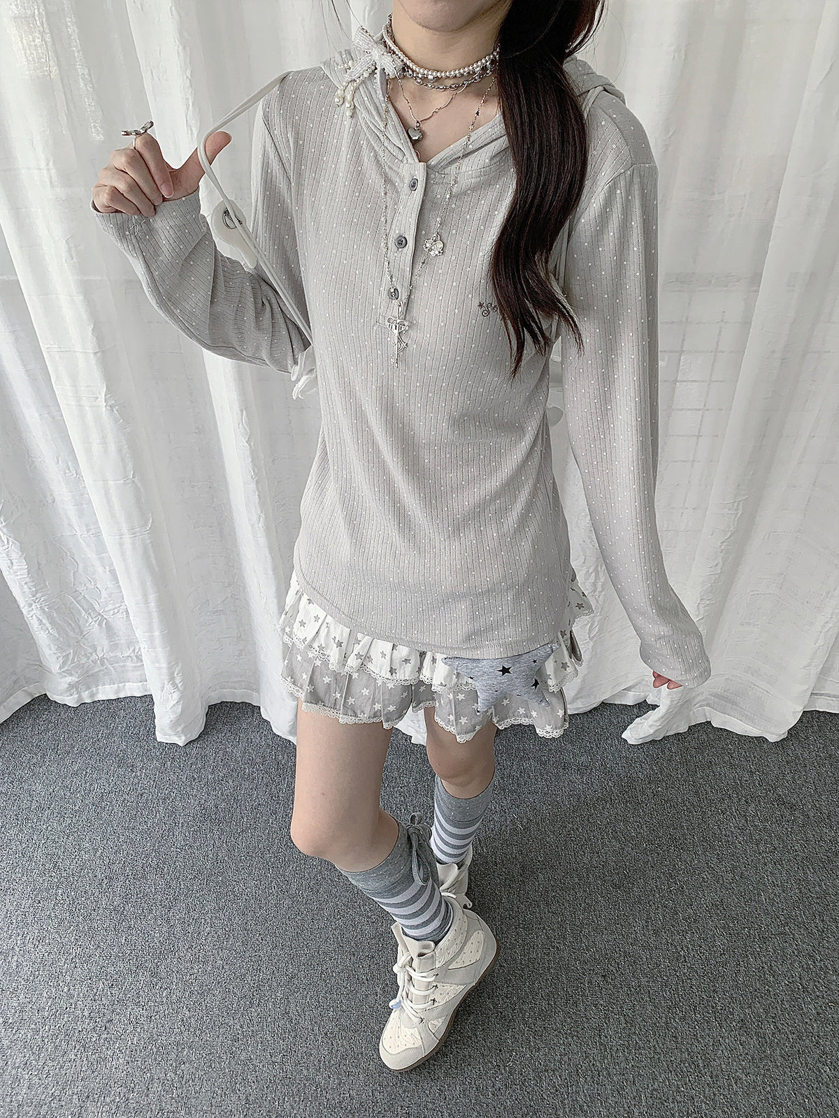 Polka Dot Henley Hooded Long Sleeve Top