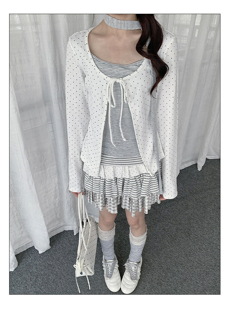 Polka Dot Tie Cardigan & Striped Cami Set