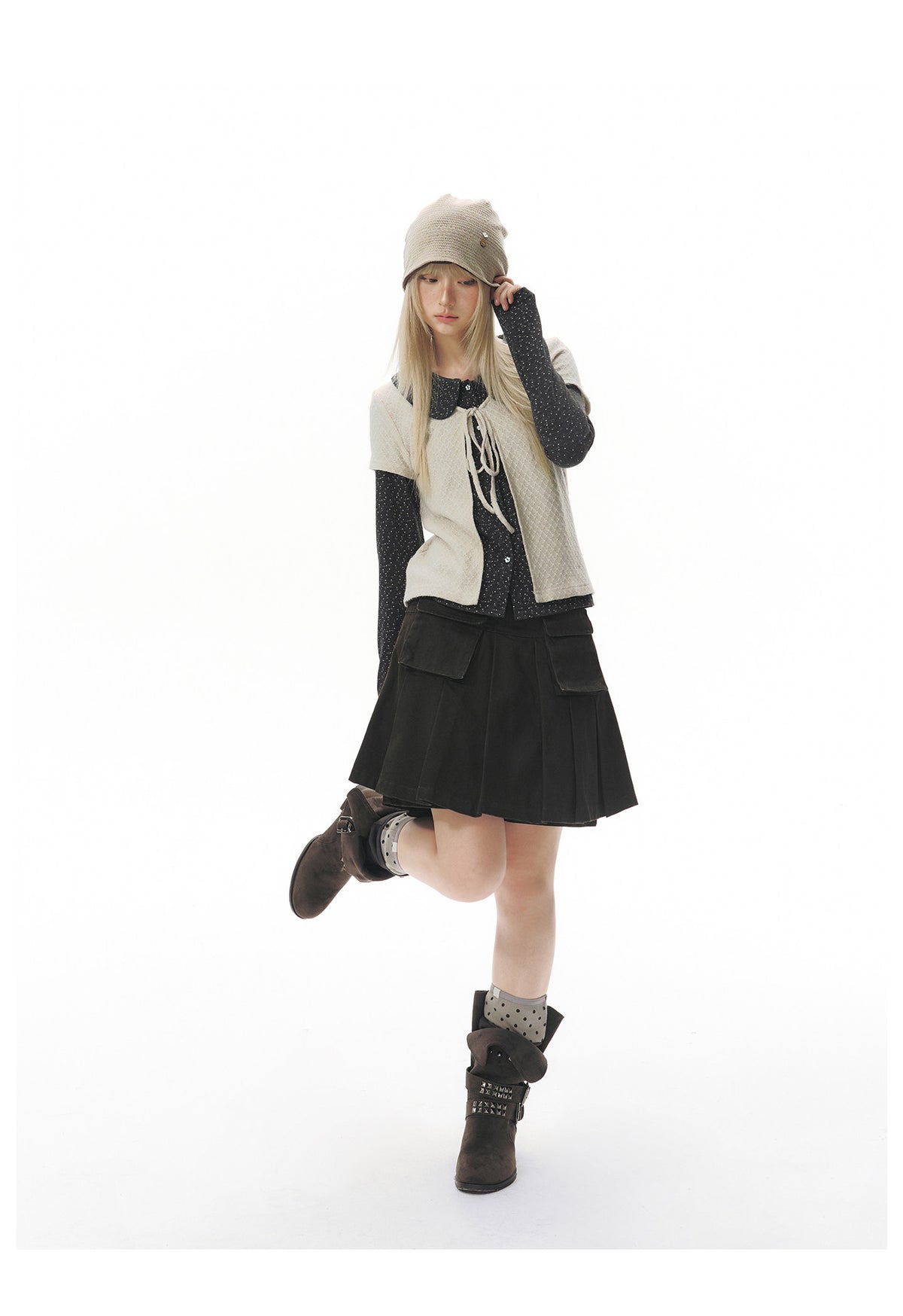 Doll-Collar Long Sleeve & Tie-Front Cardigan Set