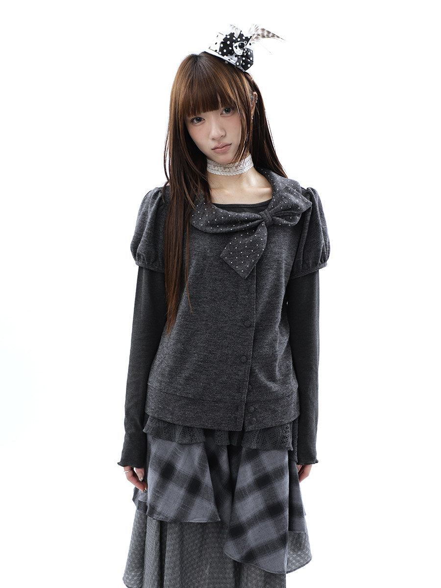 Polka Dot Bow Knit Top & Long Sleeve Two-Piece Set