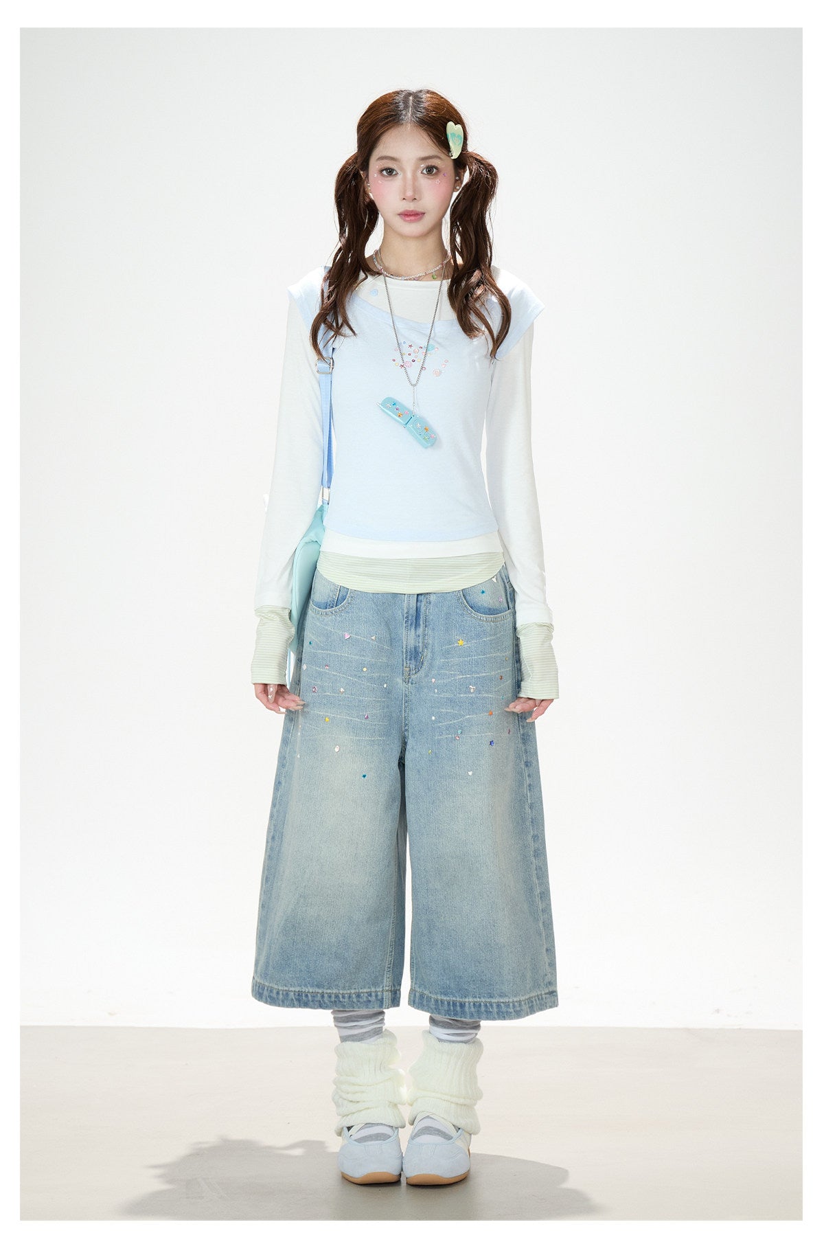 Layered Contrast Long Sleeve Top & Washed Wide-Leg Jeans
