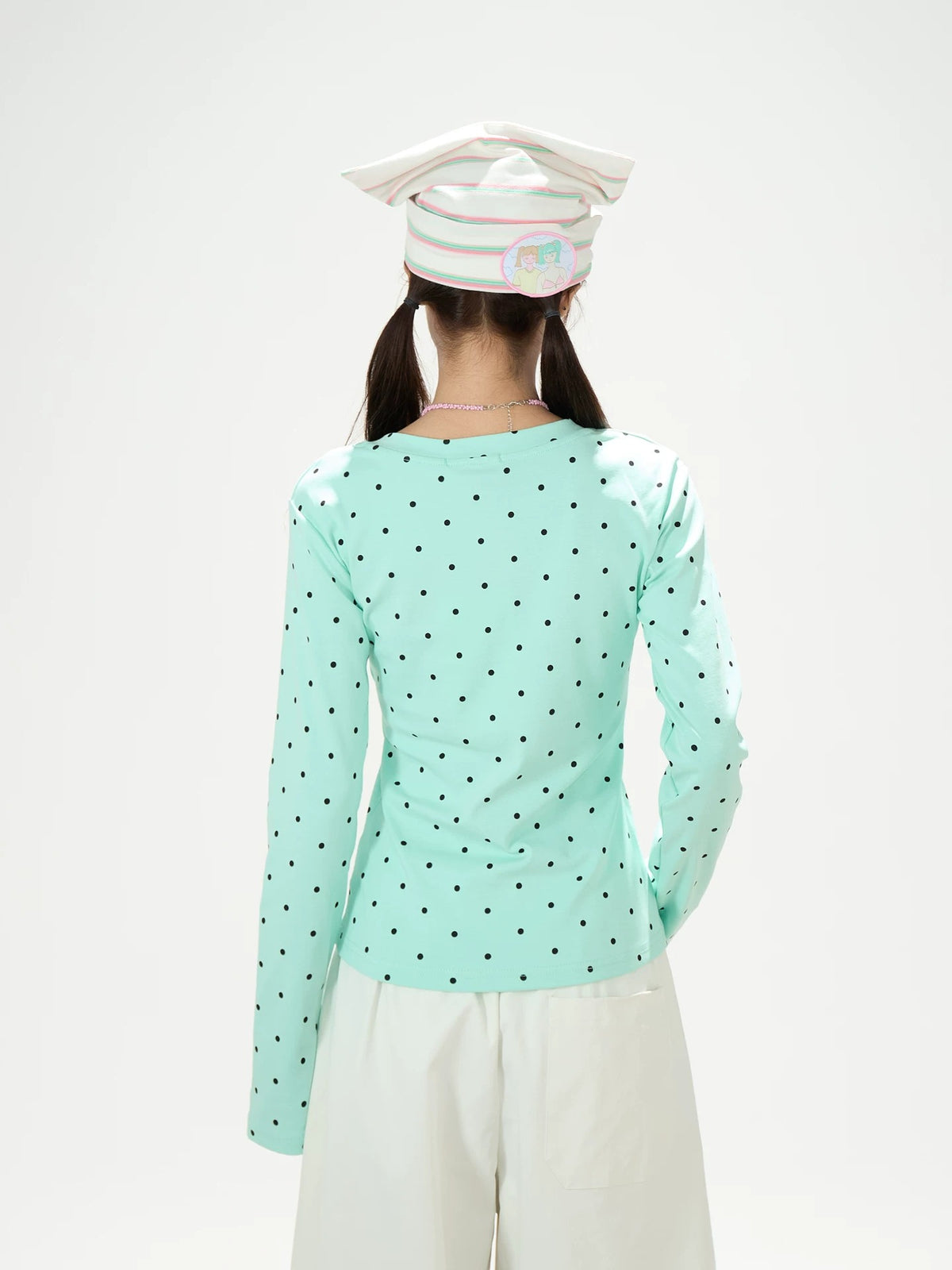 Polka-Dot V-Neck Long Sleeve Top & Star Music Note Wide-Leg Pants