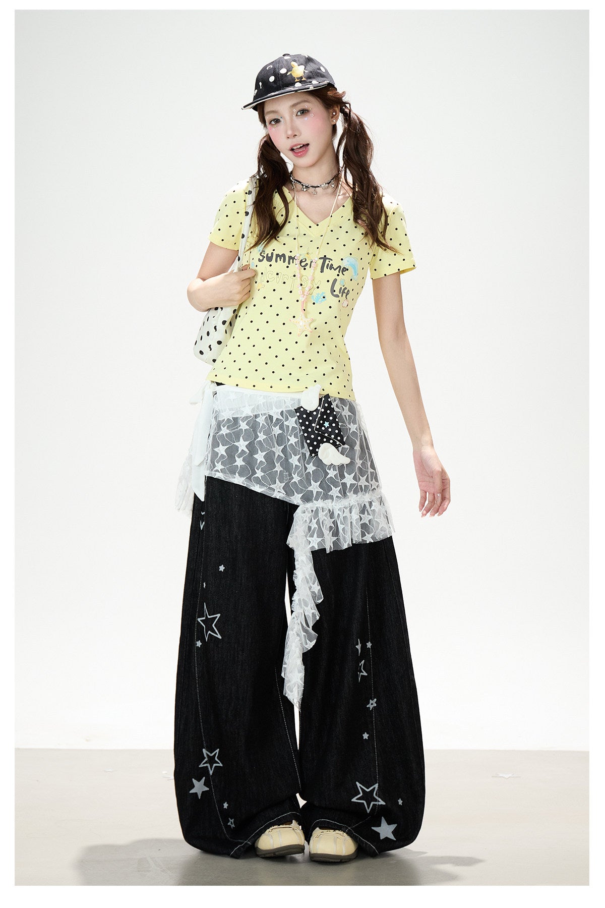 Star Print Lace Layered Wide-Leg Jeans