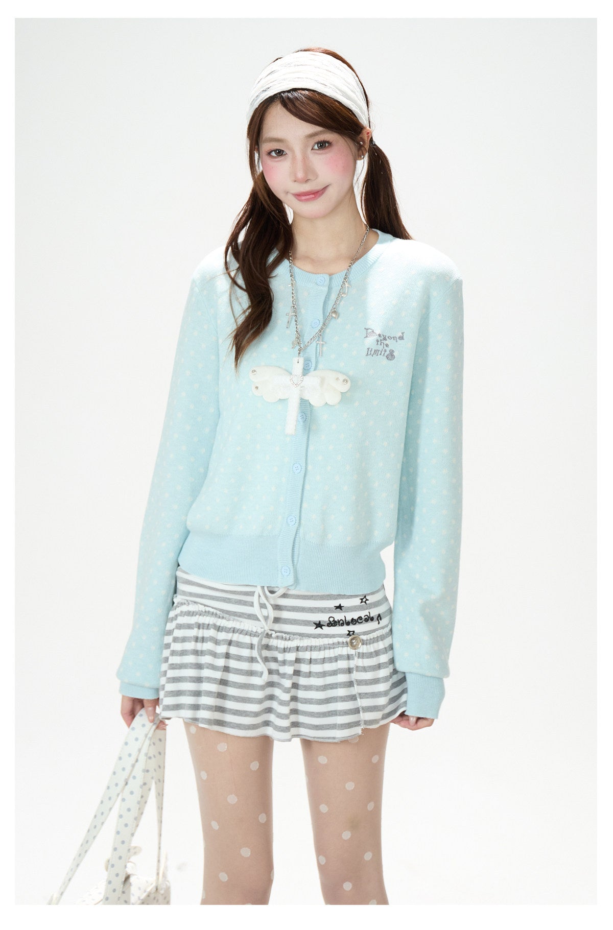 Polka-Dot Soft Knit Cardigan & Gray Mini Skirt