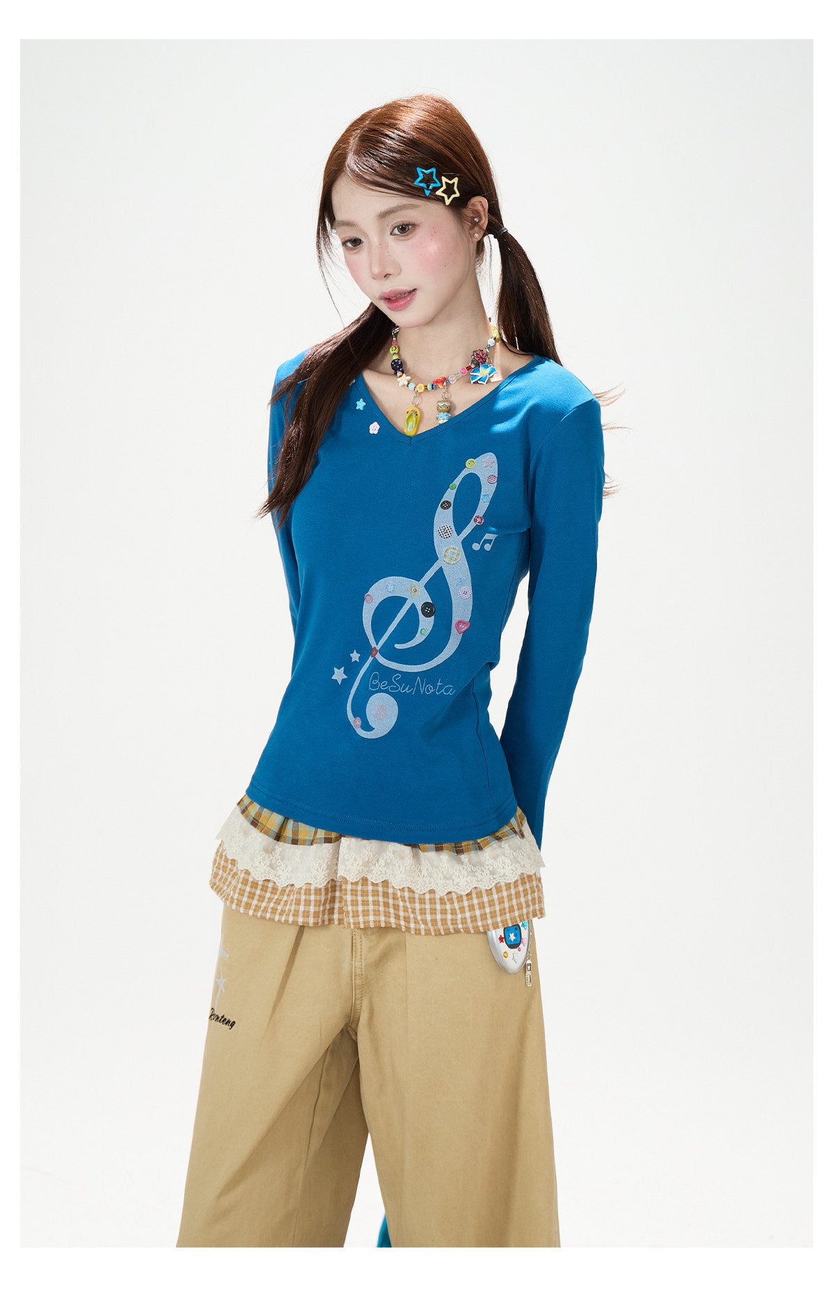 Music Note Star Button V-Neck Long Sleeve Top & Pink Stripe Wide-Leg Pants