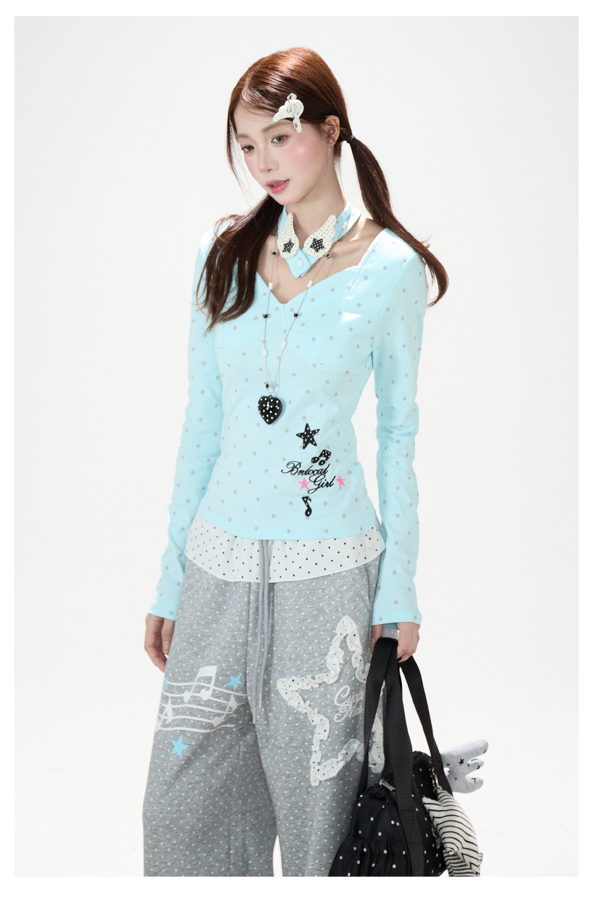 Polka-Dot V-Neck Long Sleeve Top & Lace Star Wide-Leg Pants