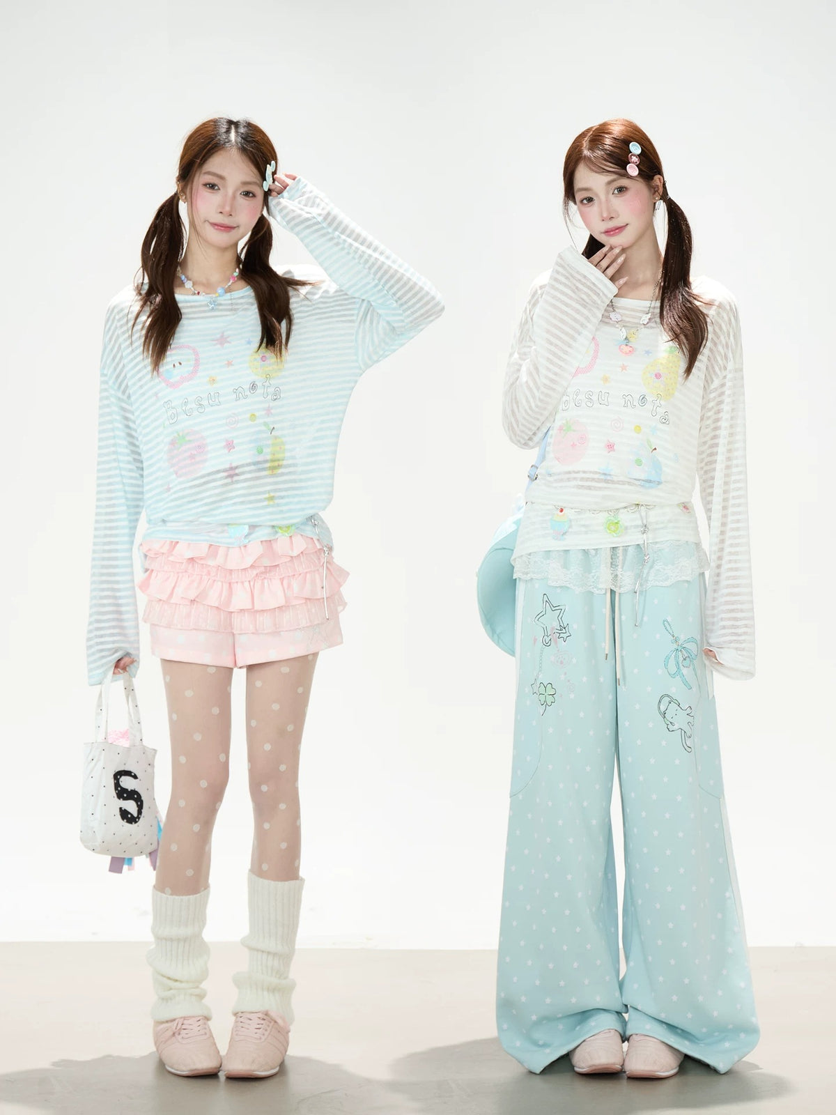 Fruit Doodle Stripe Long Sleeve Top & Polka-Dot Wide-Leg Pants