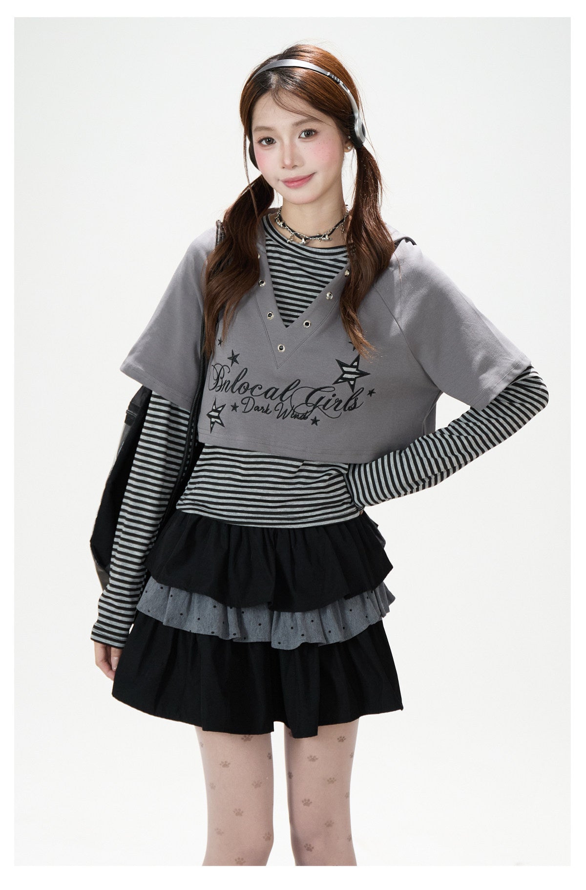Graphic Cropped Hooded Tee, Striped Layering Long Sleeve Top & Tiered Mini Skirt