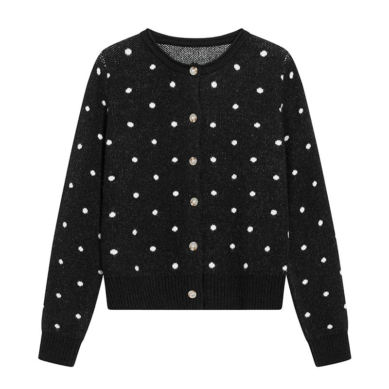 Polka-Dot Jacquard Knit Cardigan & Washed Flare Jeans