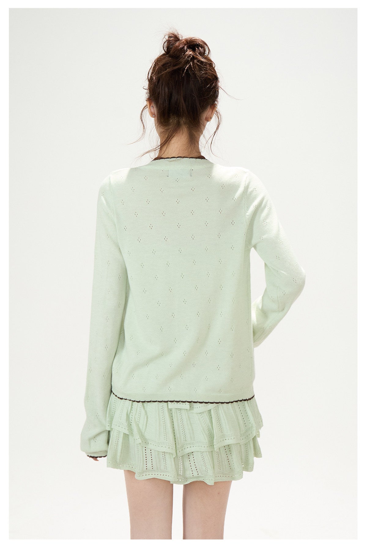 Pointelle Bow Cardigan & Cami Knit Set & Tiered Ruffle Mini Skirt