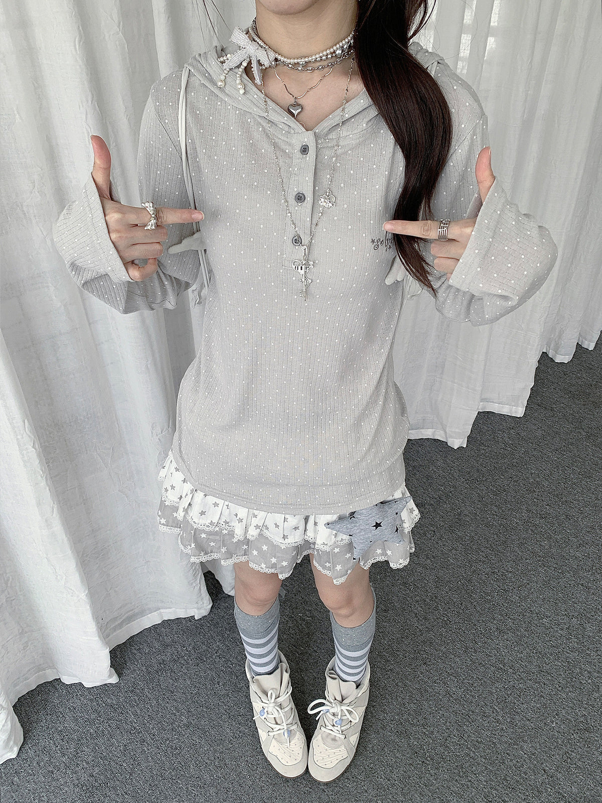 Polka Dot Henley Hooded Long Sleeve Top