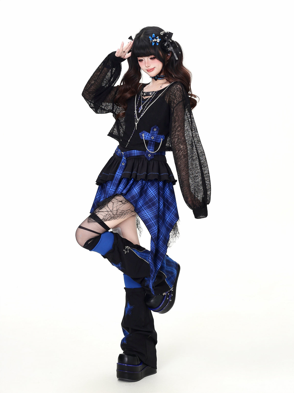 Lost Island Plaid Layered Dress, Sheer Shrug & Star Leg Warmers