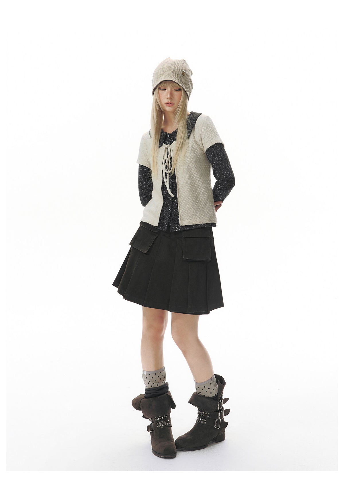 Doll-Collar Long Sleeve & Tie-Front Cardigan Set
