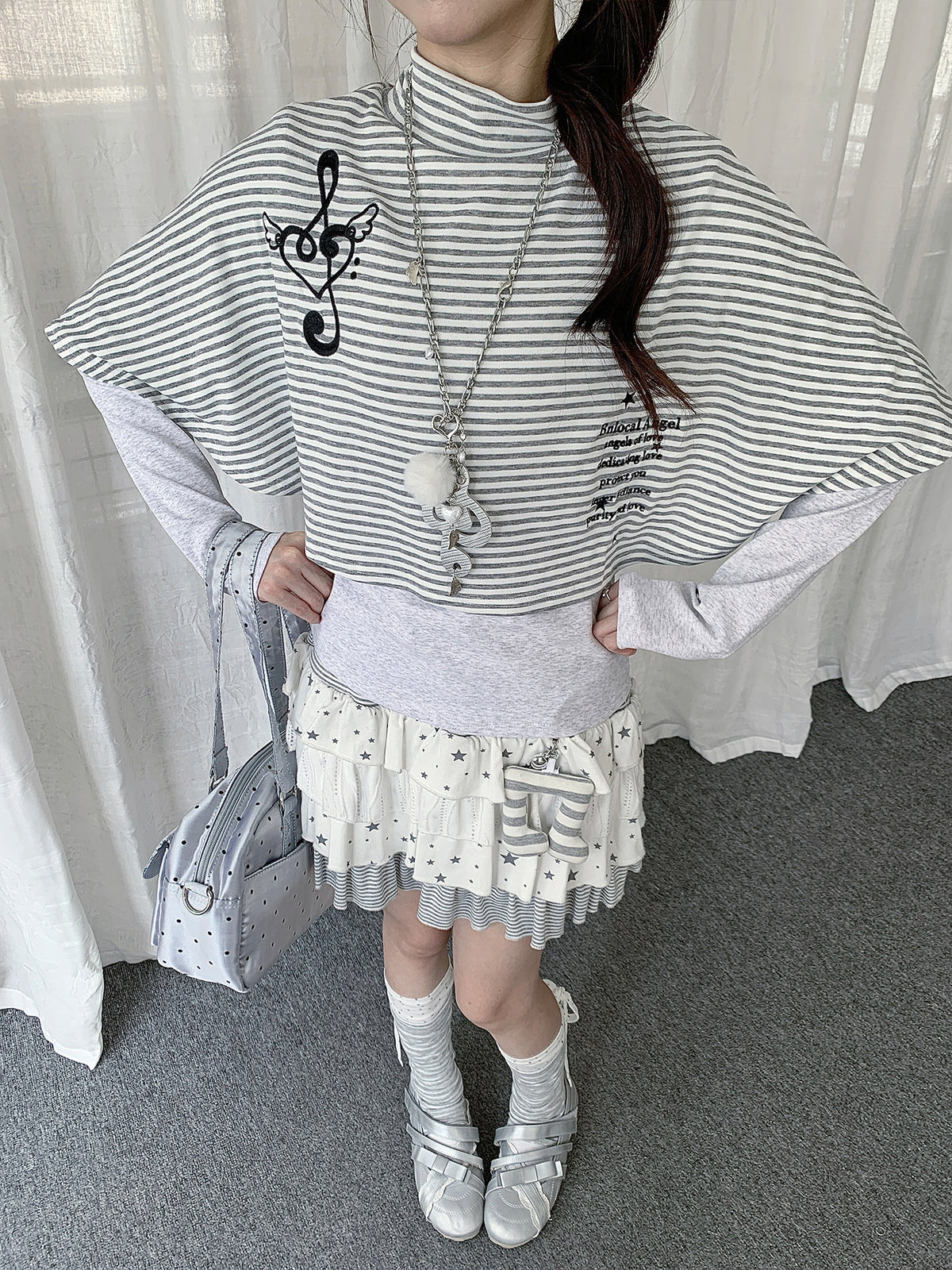 Music Note Striped Cape-Layered Long Sleeve Top