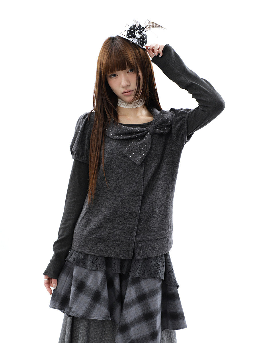 Polka Dot Bow Knit Top & Long Sleeve Two-Piece Set