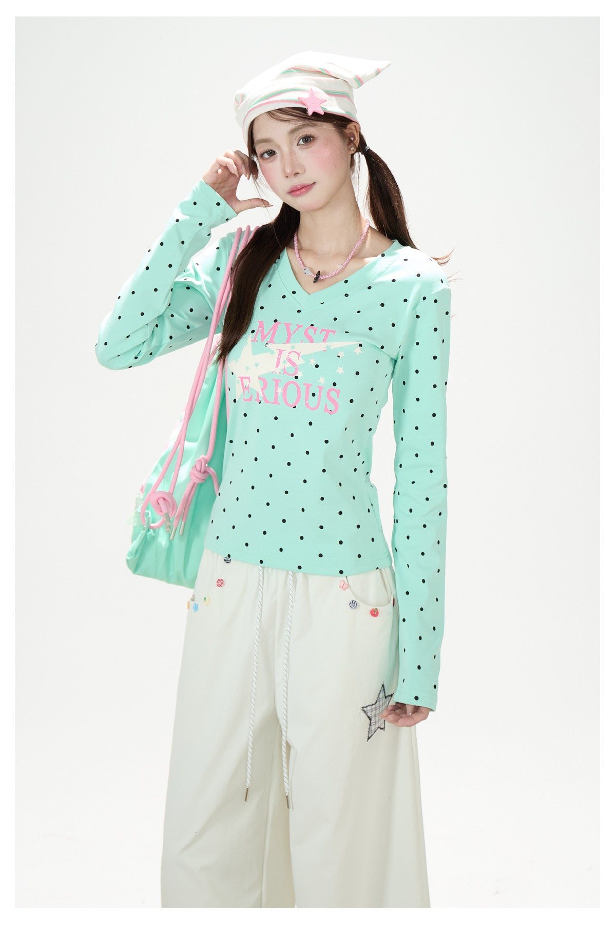 Polka-Dot V-Neck Long Sleeve Top & Star Music Note Wide-Leg Pants
