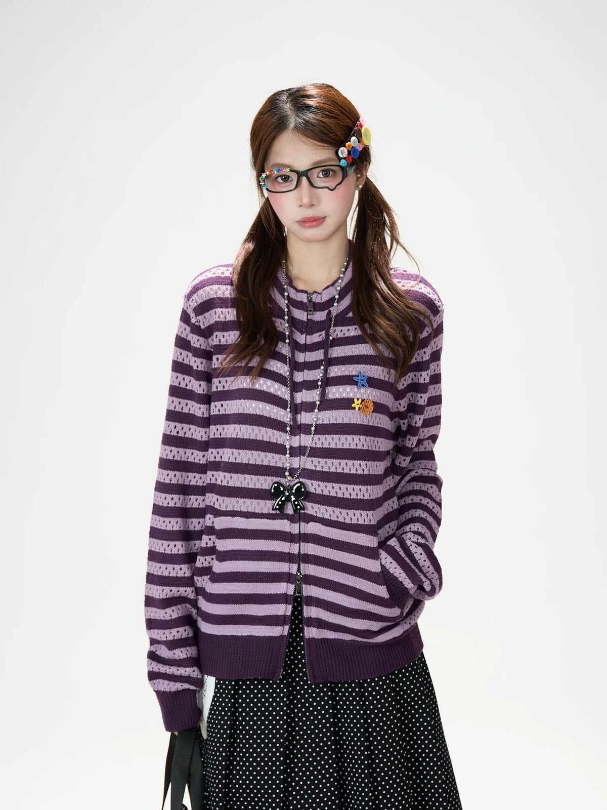Striped Openwork Knit Cardigan & Black Polka-Dot Pleated Midi Skirt