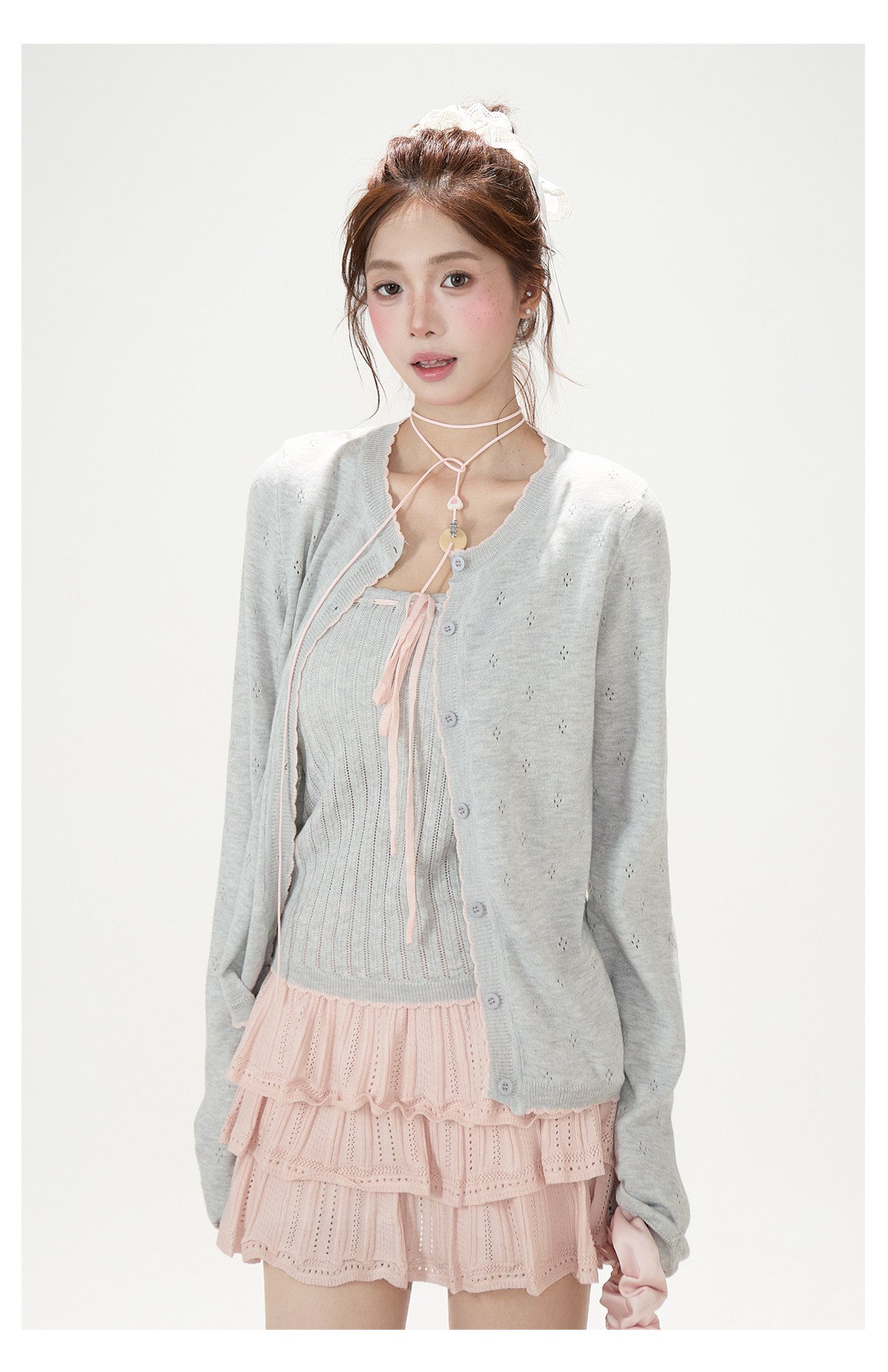Pointelle Bow Cardigan & Cami Knit Set & Tiered Ruffle Mini Skirt