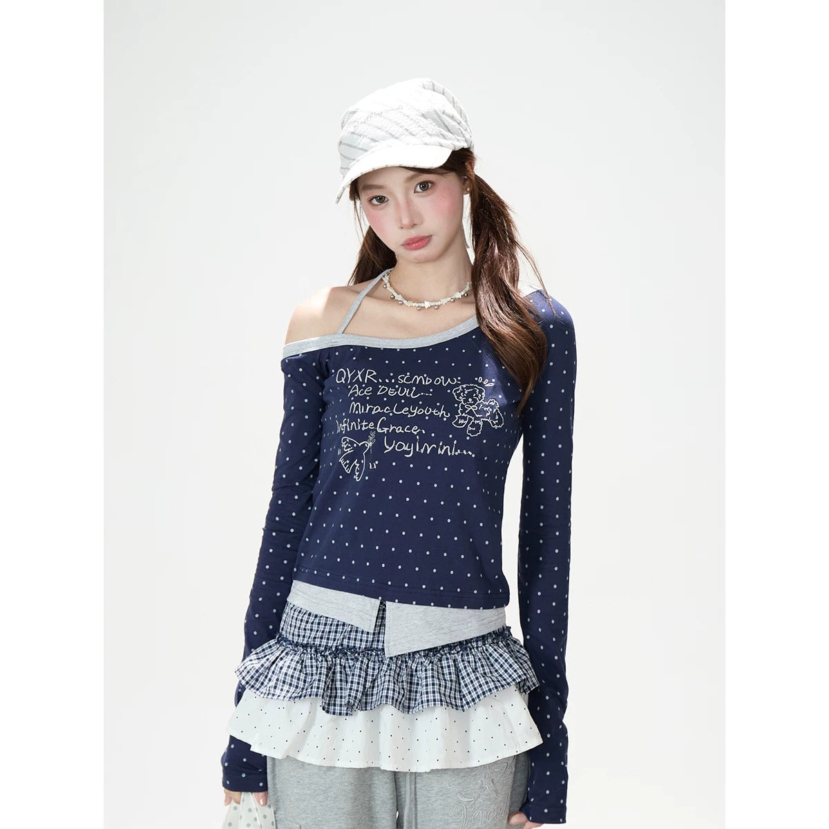 Letter Polka-Dot Off-Shoulder Layered Long Sleeve Top & Cartoon Star Wide-Leg Jeans with Charm