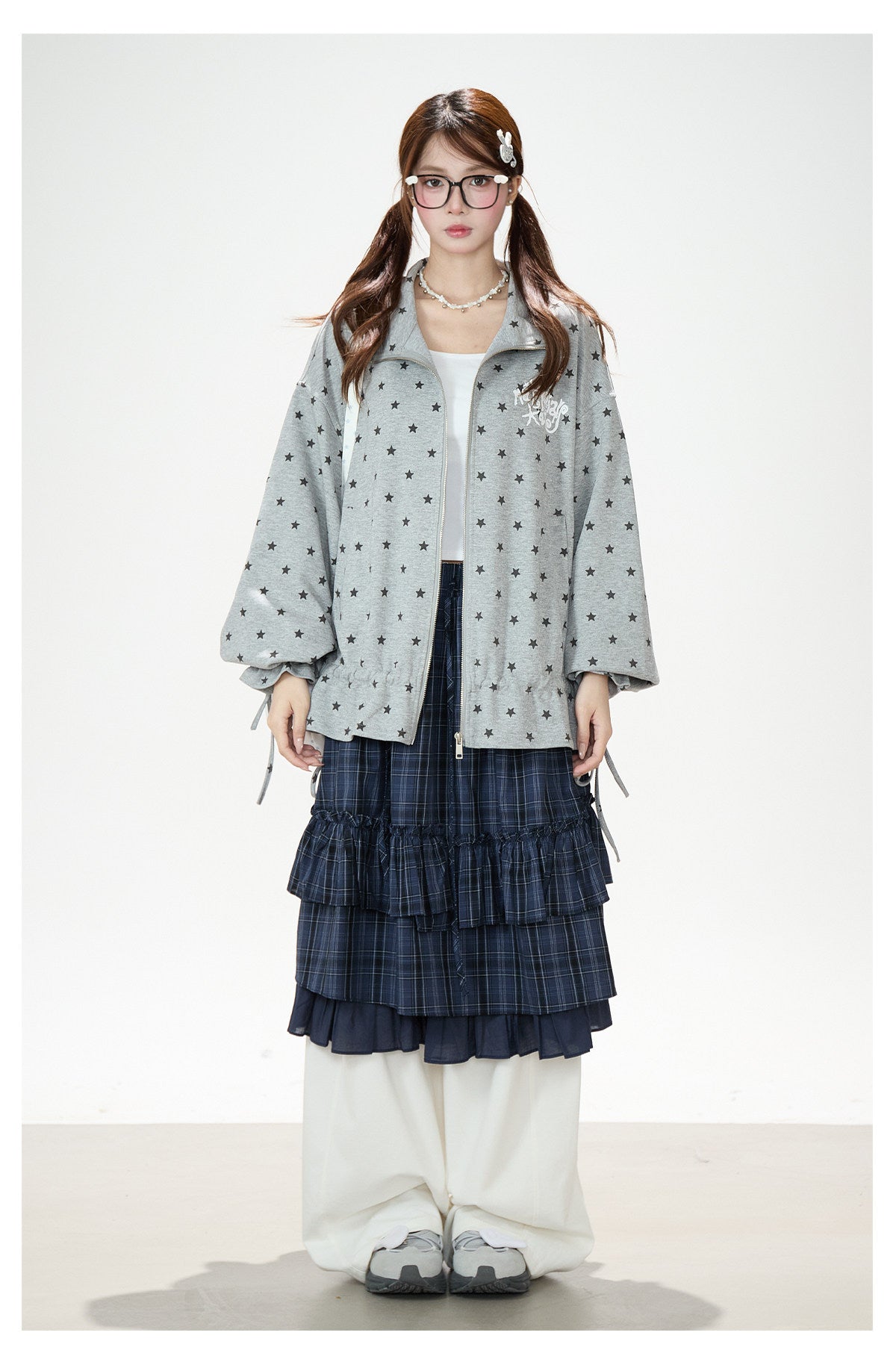 Allover Star Zip-Up Sweatshirt Jacket & Blue Plaid Tiered Midi Skirt