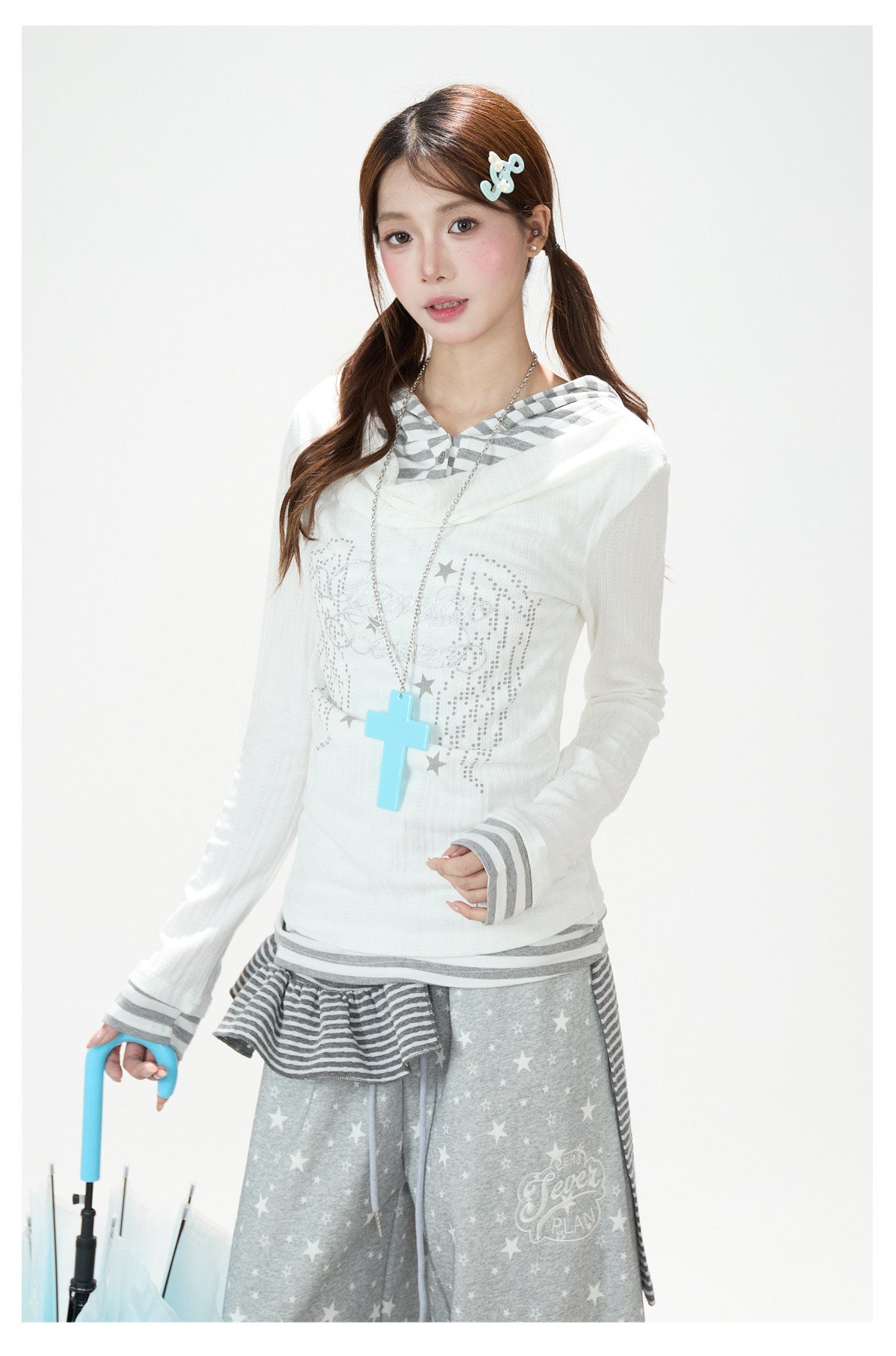 Cowl-Neck Hooded Layered Long Sleeve Top & Gray Wide-Leg Pants