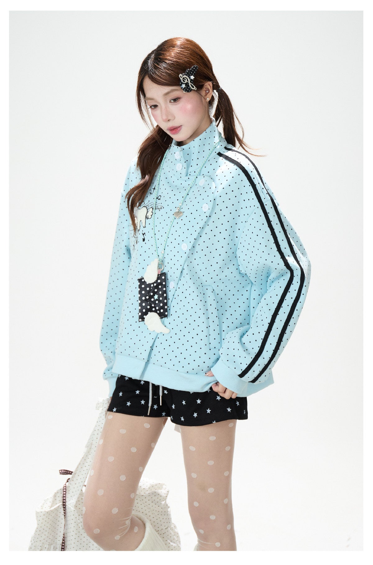 Polka-Dot Stripe Asymmetric Button Jacket & Star Print Shorts