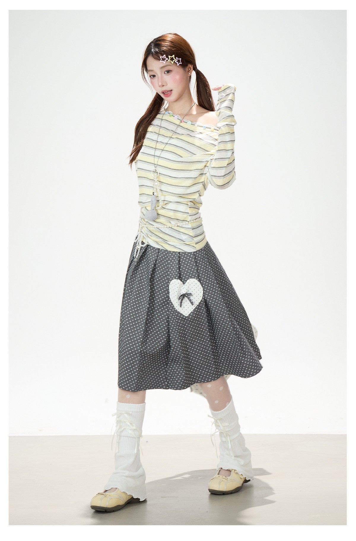 Striped Off-Shoulder Long Sleeve Top & Polka-Dot Midi Skirt