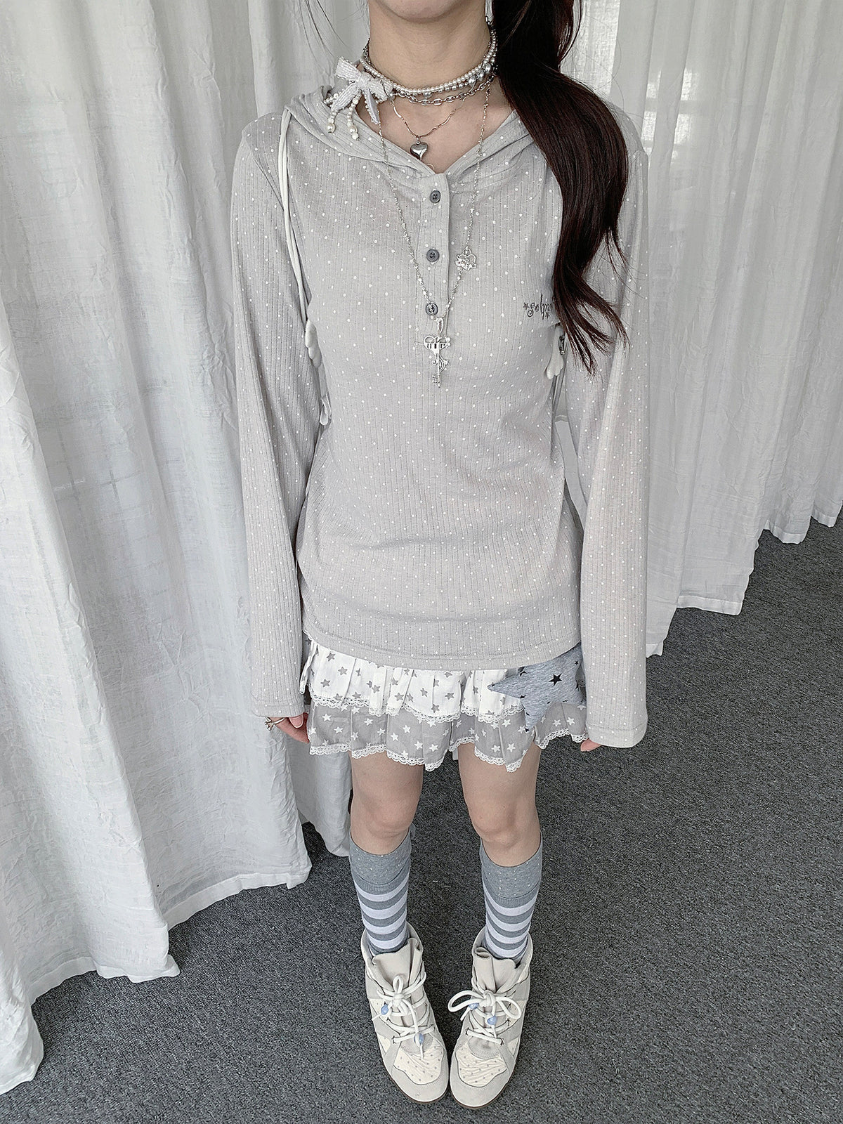Polka Dot Henley Hooded Long Sleeve Top