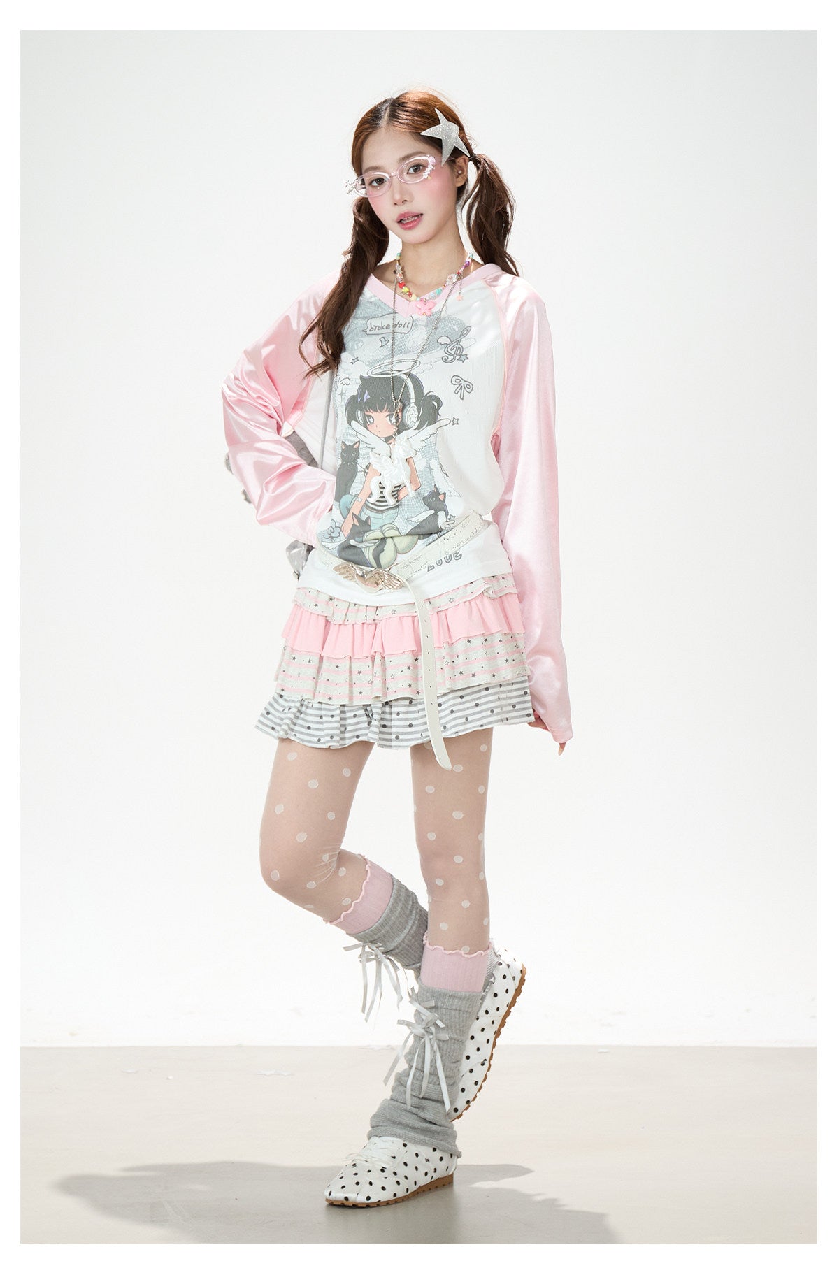 Cartoon Angel Raglan Long Sleeve Top & Black Star Drawstring Shorts
