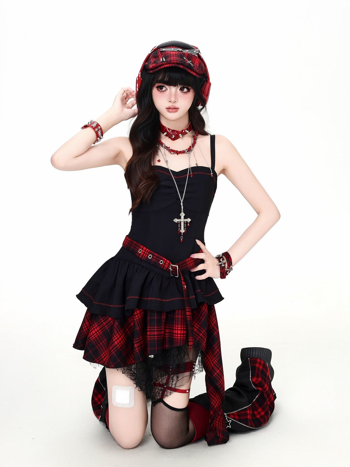 Lost Island Plaid Layered Dress, Sheer Shrug & Star Leg Warmers