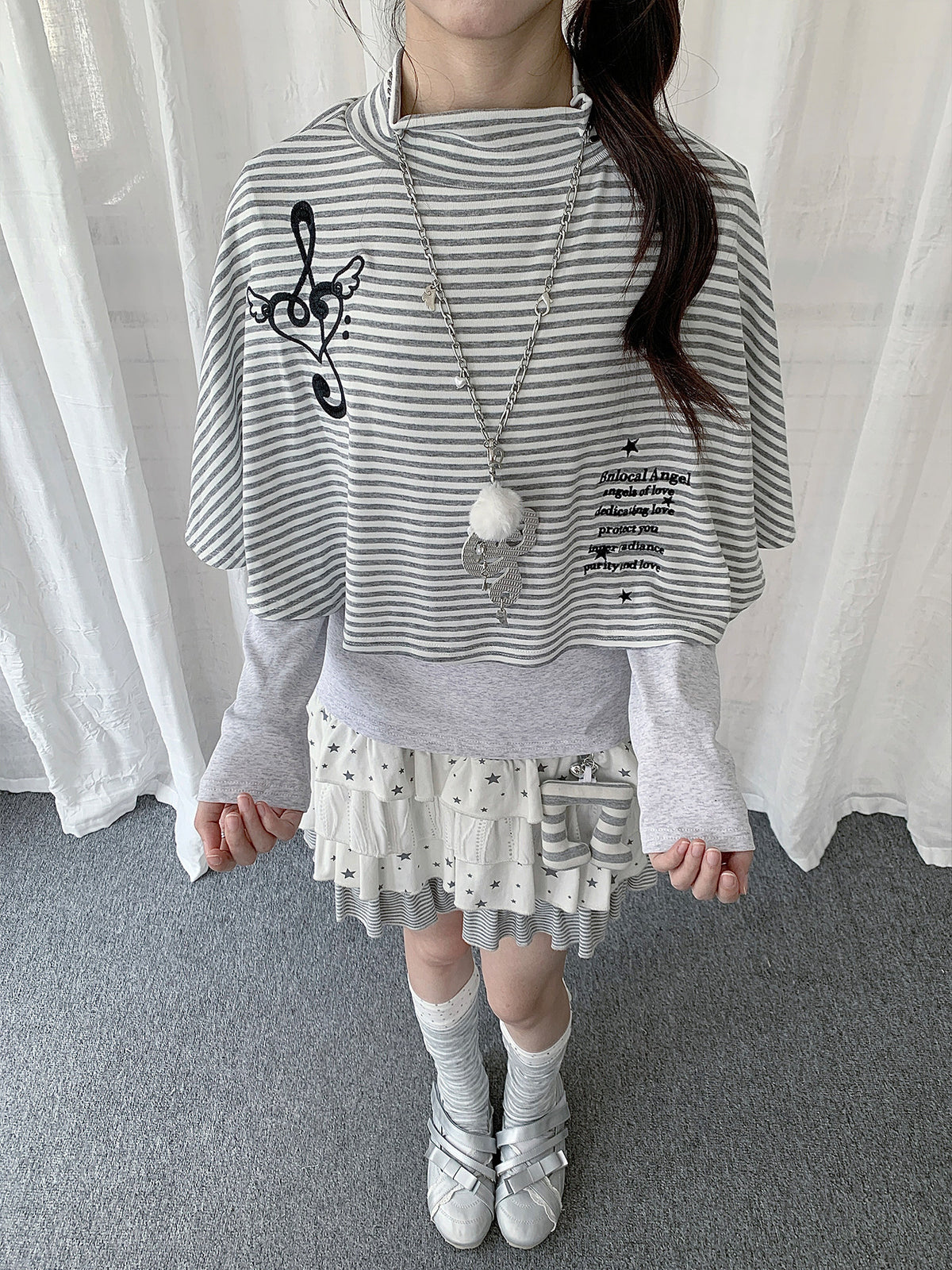Music Note Striped Cape-Layered Long Sleeve Top