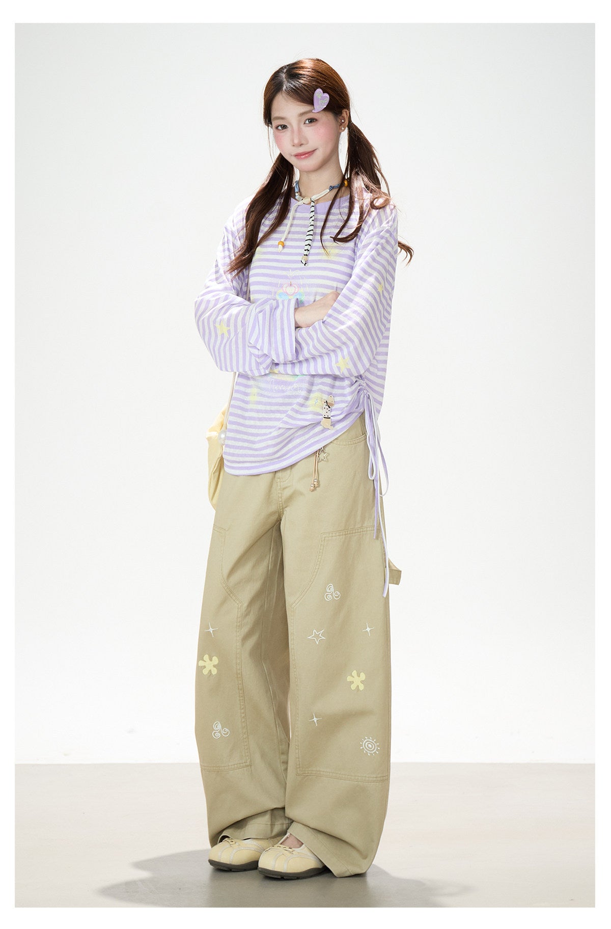 Khaki Embroidered Wide-Leg Cargo Pants
