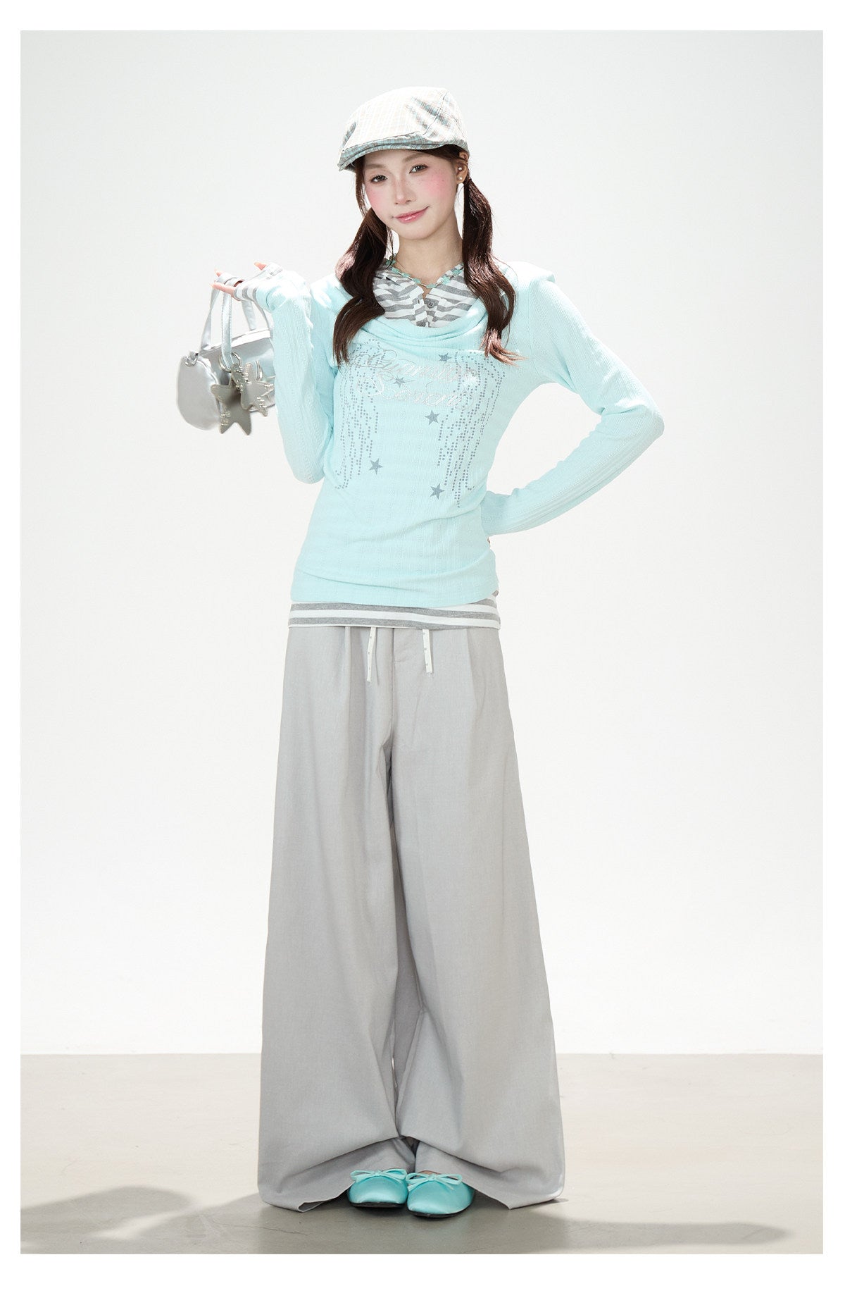 Cowl-Neck Hooded Layered Long Sleeve Top & Gray Wide-Leg Pants