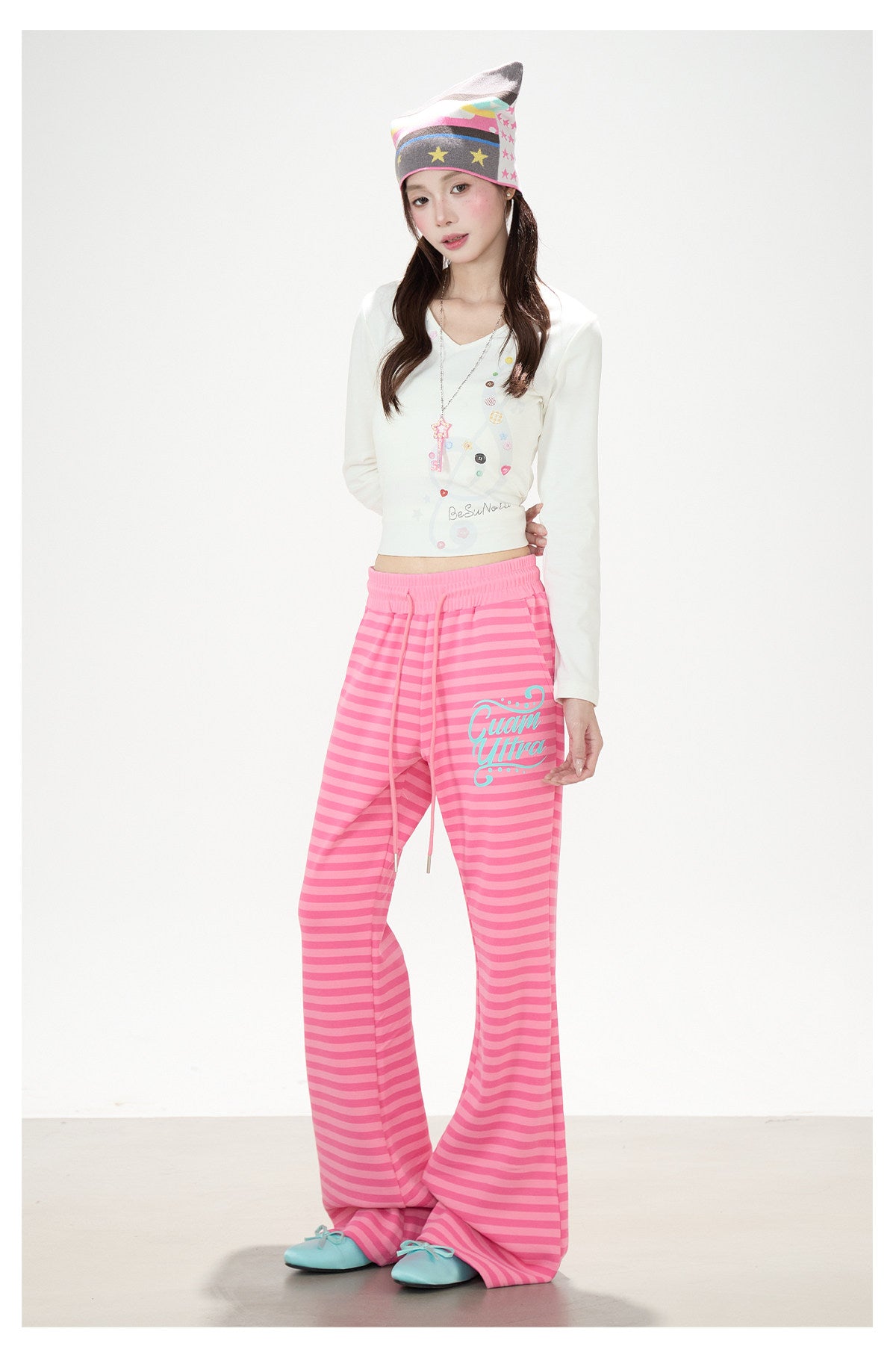 Music Note Star Button V-Neck Long Sleeve Top & Pink Stripe Wide-Leg Pants