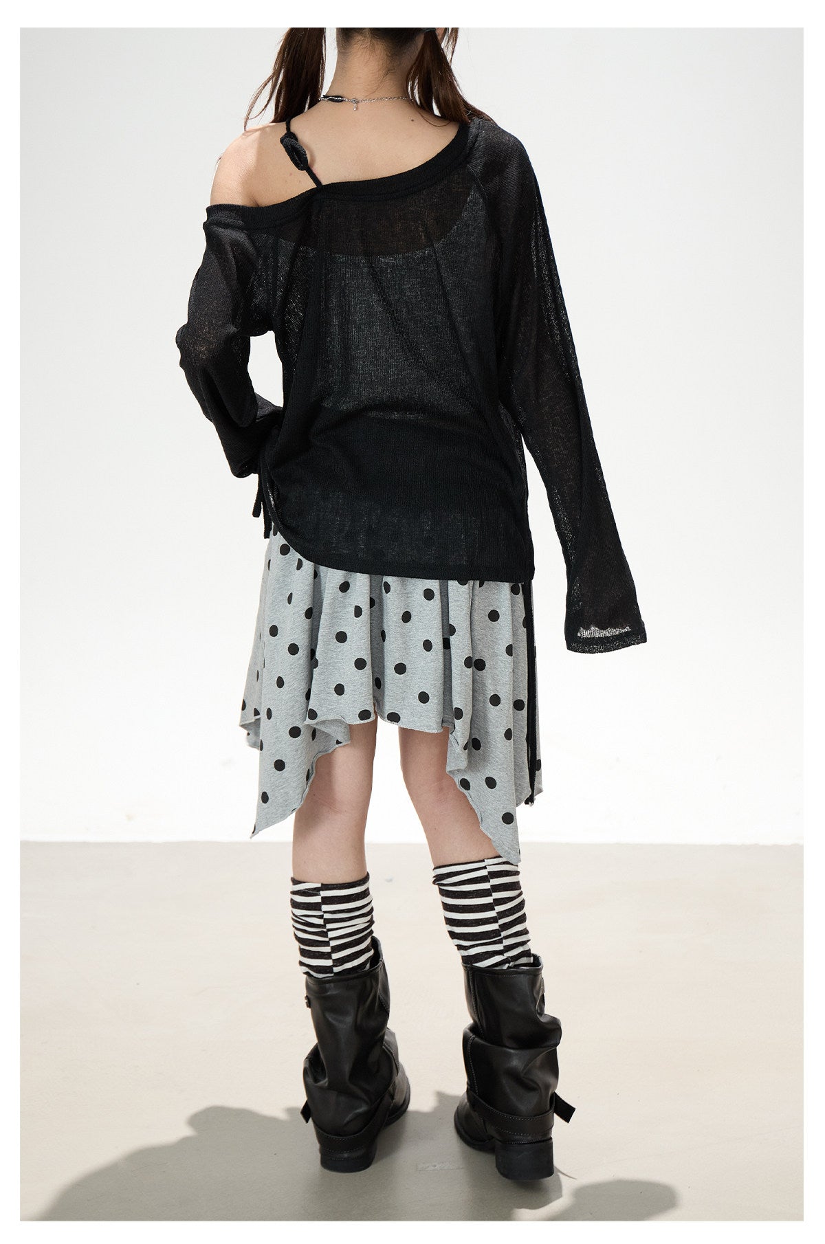 Dark Graffiti Off-Shoulder Long Sleeve Top & Asymmetric Polka-Dot Mini Skirt