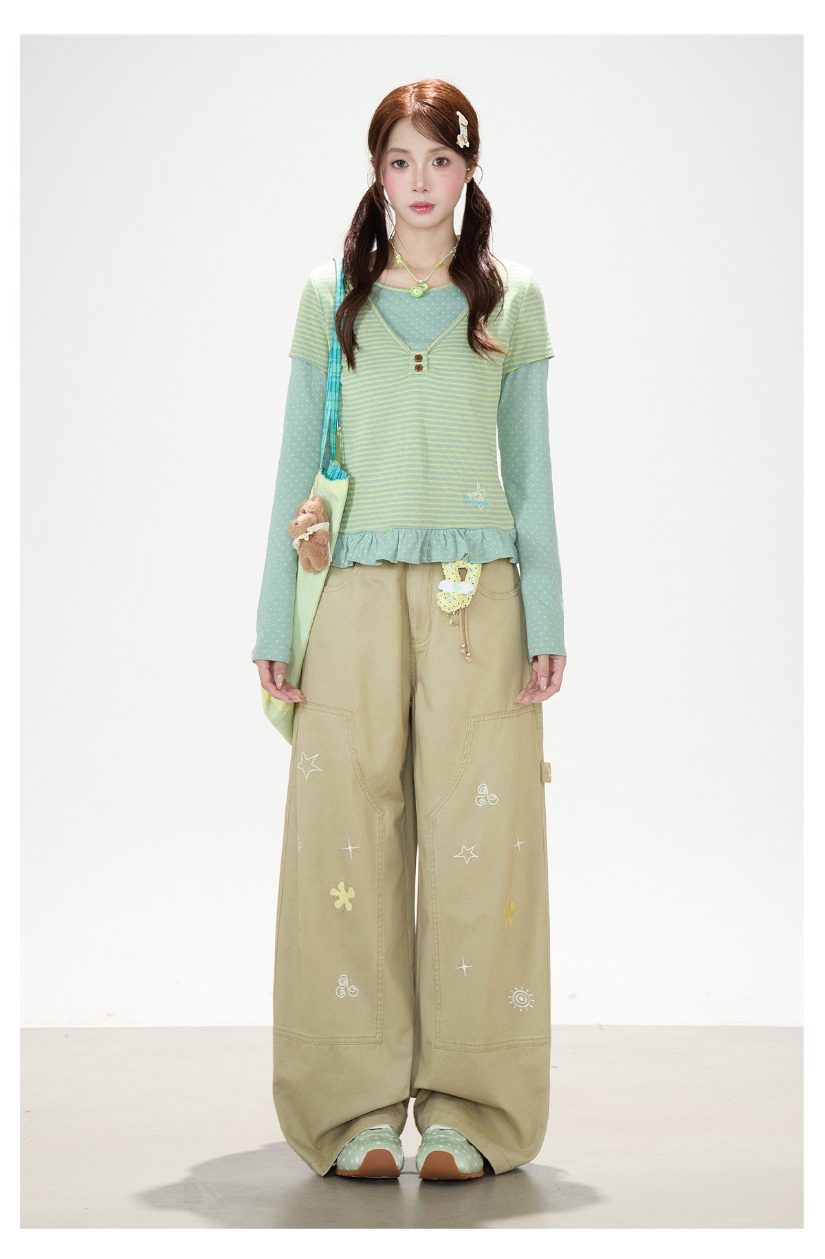 Polka-Dot Stripe Layered Long Sleeve Top & Embroidered Khaki Wide-Leg Cargo Pants