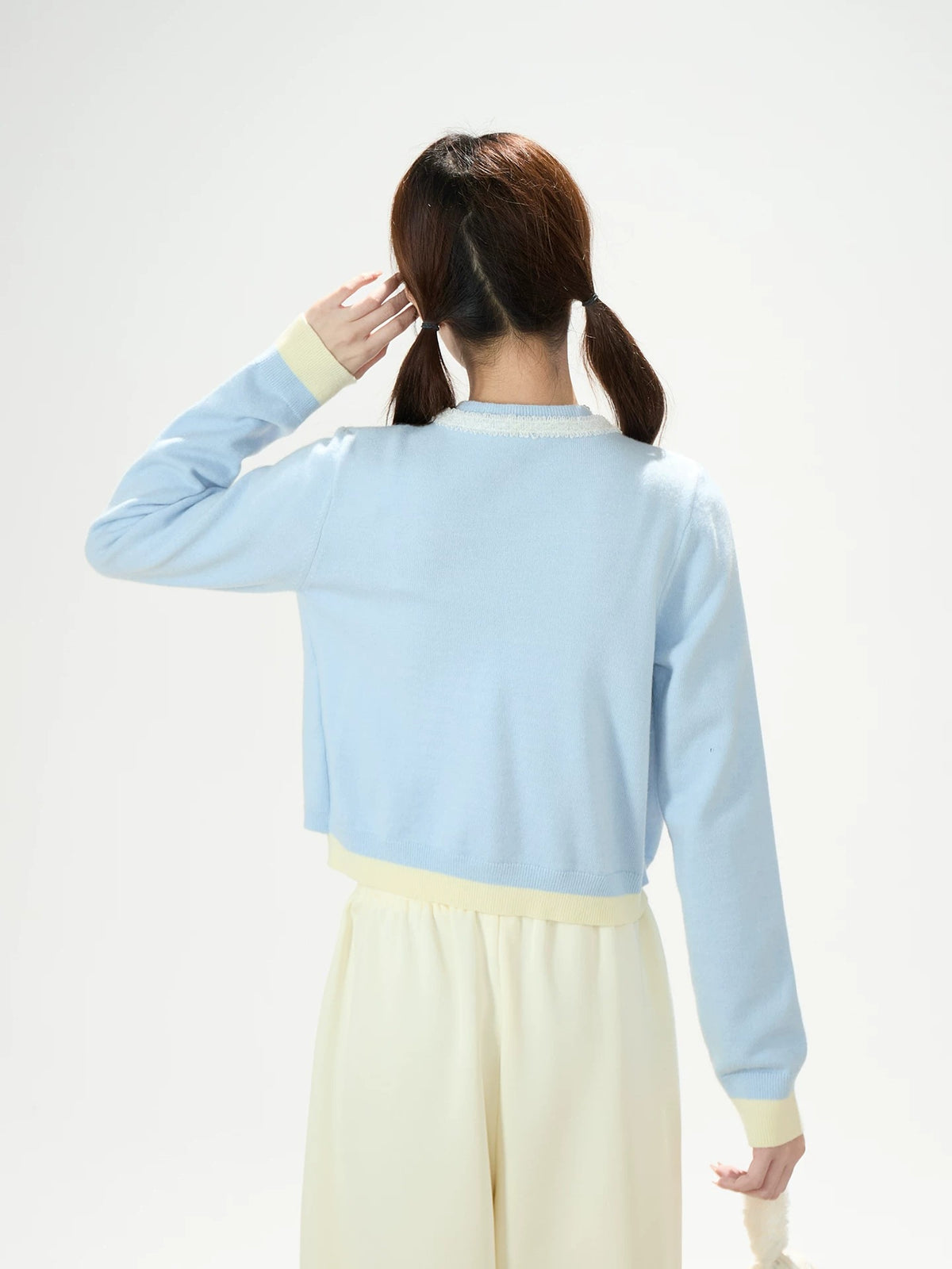 Faux Layered Soft Knit Cardigan & Apple Star Patch Wide-Leg Pants