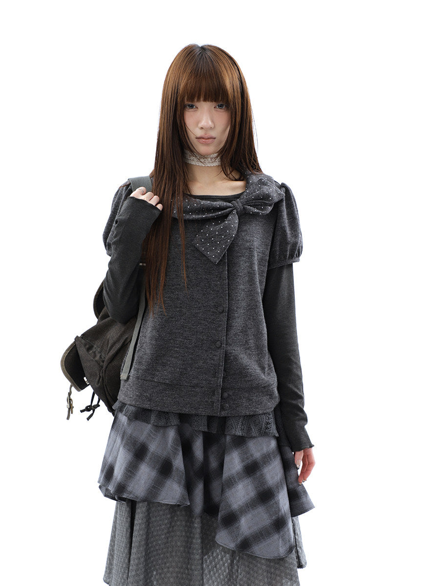 Polka Dot Bow Knit Top & Long Sleeve Two-Piece Set