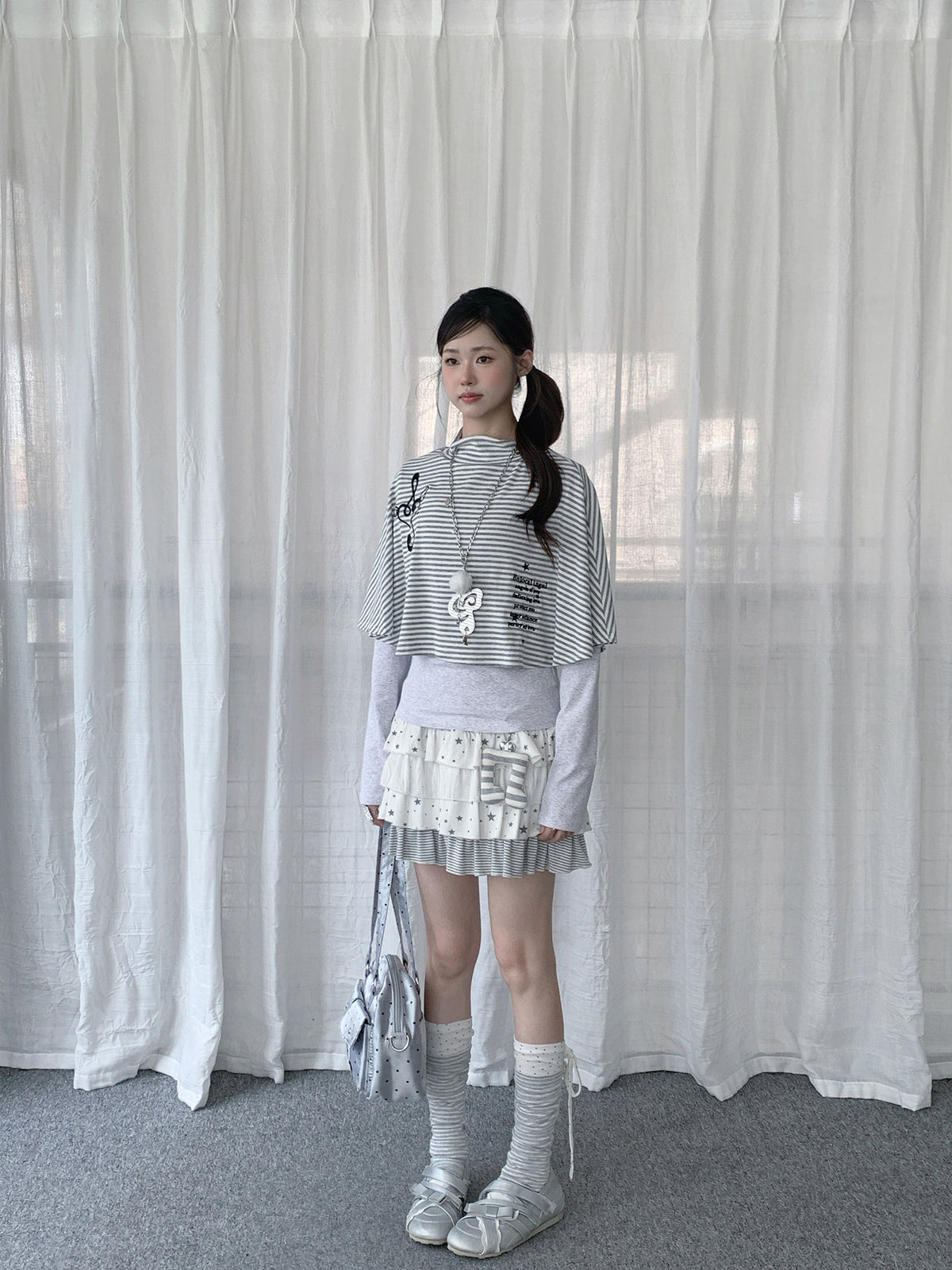 Music Note Striped Cape-Layered Long Sleeve Top