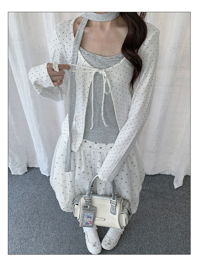 Polka Dot Tie Cardigan & Striped Cami Set