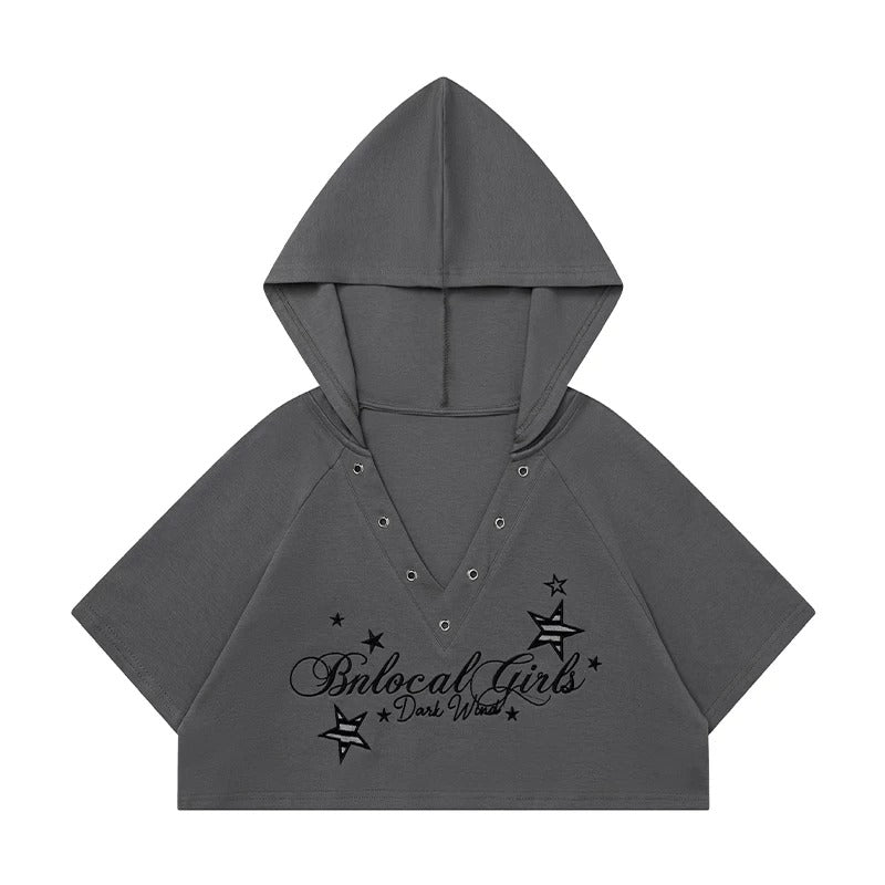 Graphic Cropped Hooded Tee, Striped Layering Long Sleeve Top & Tiered Mini Skirt