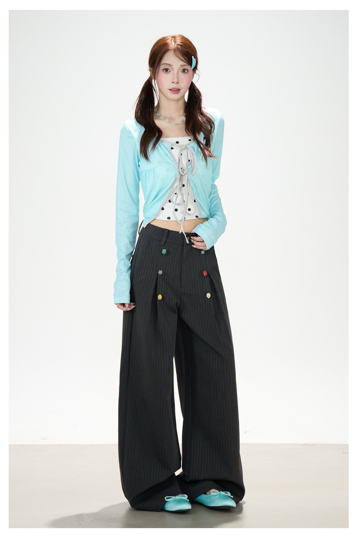 Pinstripe Button Wide-Leg Pants