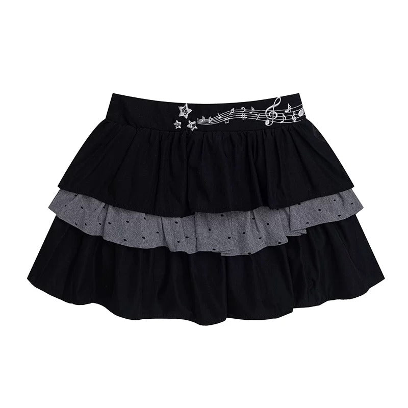 Graphic Cropped Hooded Tee, Striped Layering Long Sleeve Top & Tiered Mini Skirt